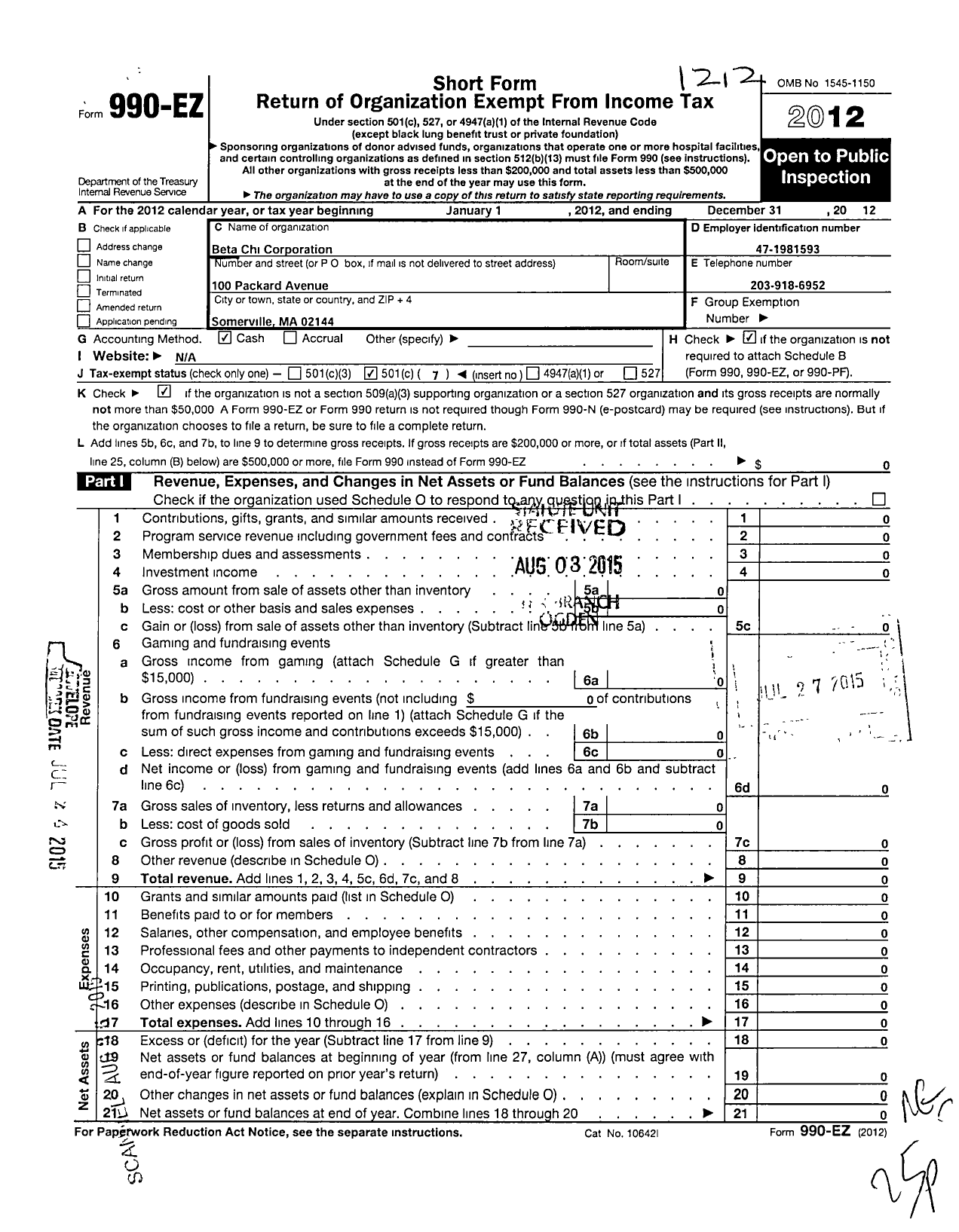 Image of first page of 2012 Form 990EO for Beta Chi Corporation