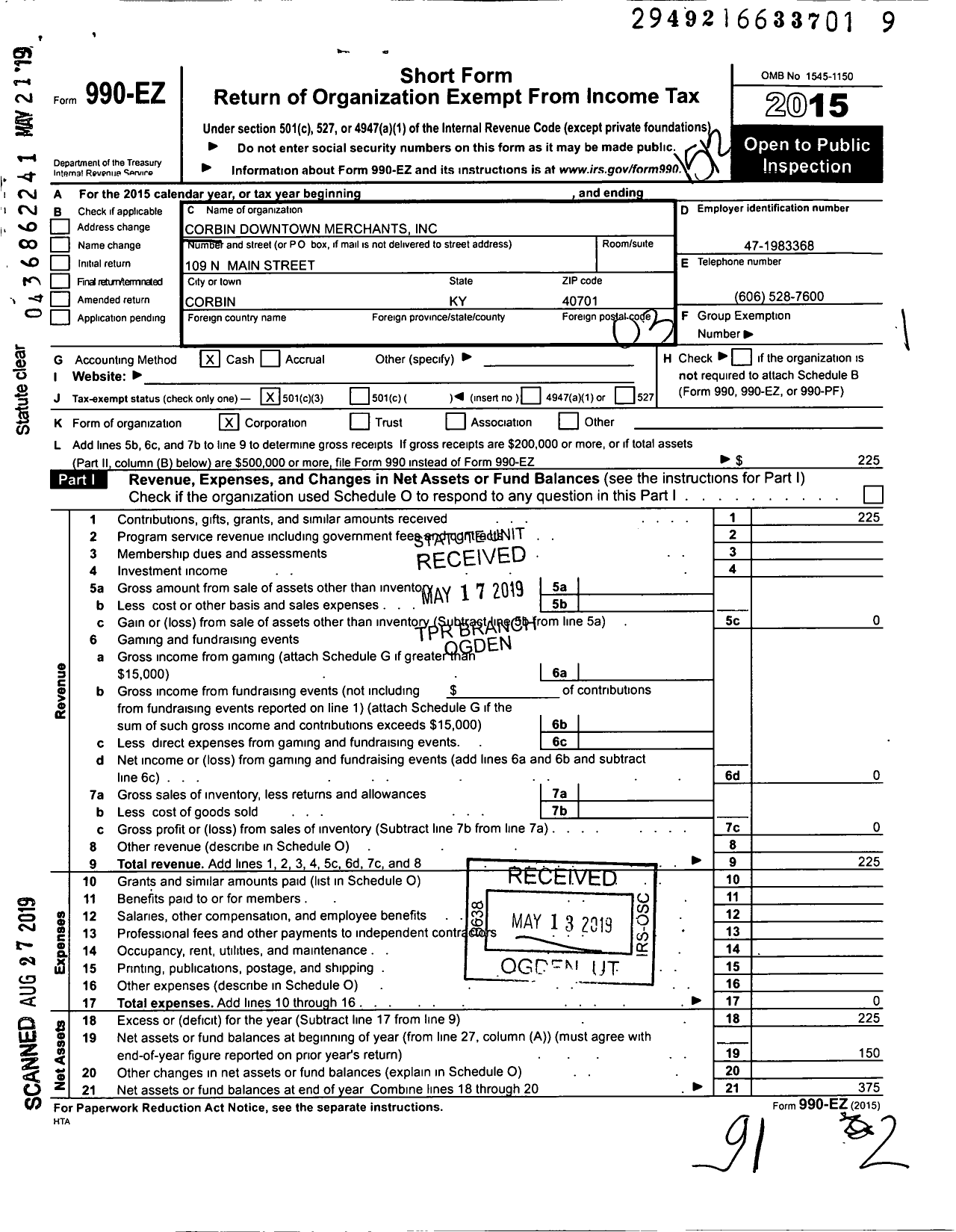 Image of first page of 2015 Form 990EZ for Corbin Downtown Merchants