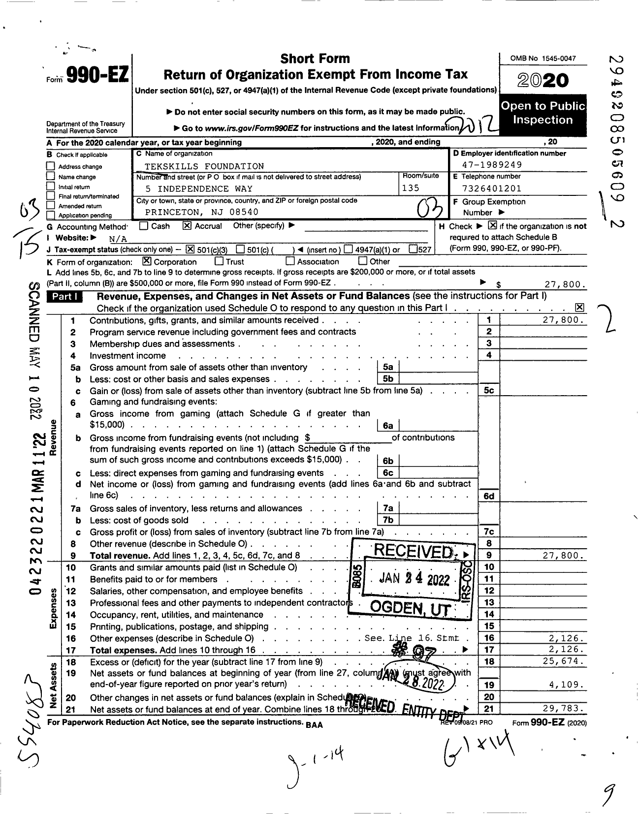 Image of first page of 2020 Form 990EZ for Tekskills Foundation