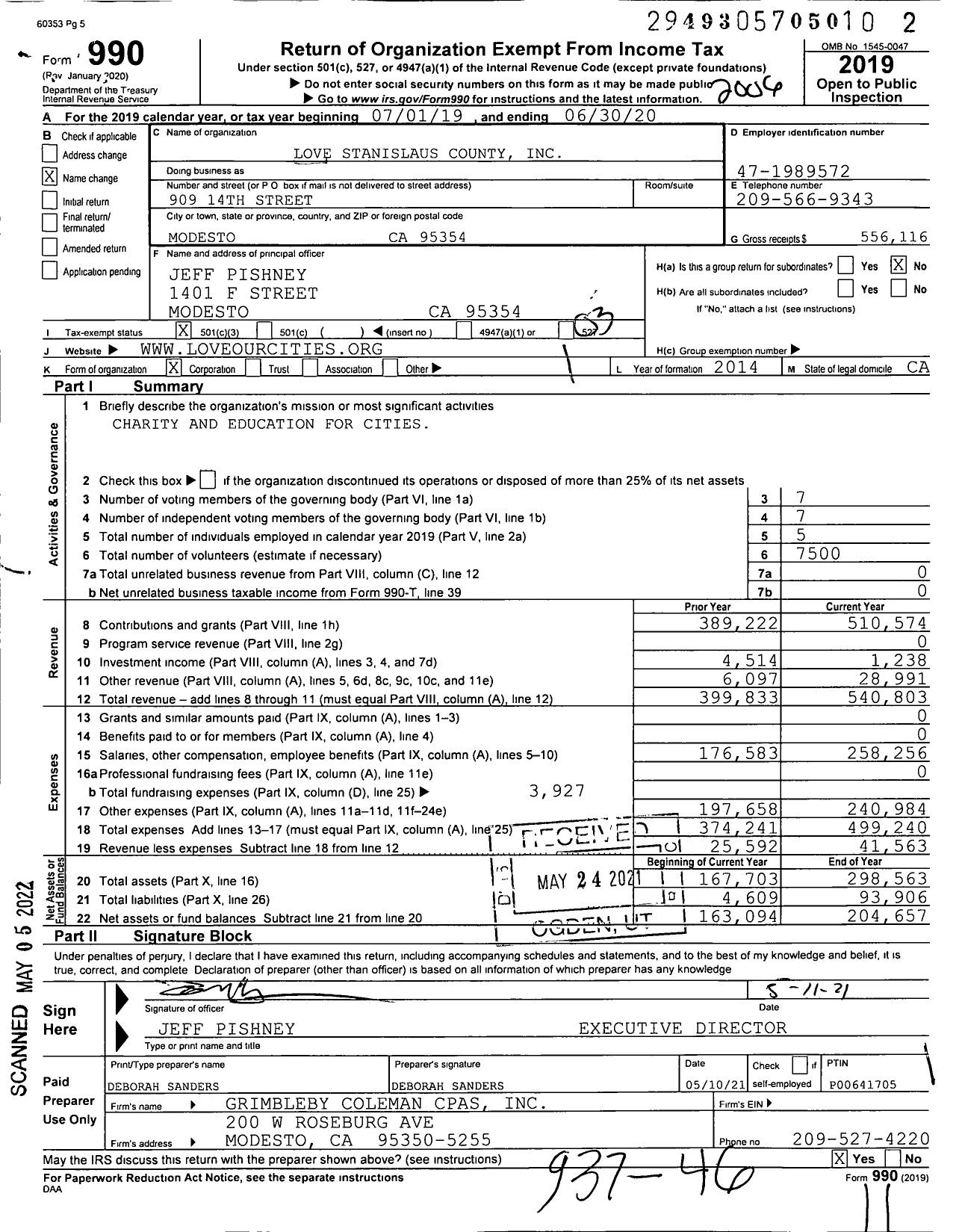 Image of first page of 2019 Form 990 for Love Stanislaus County