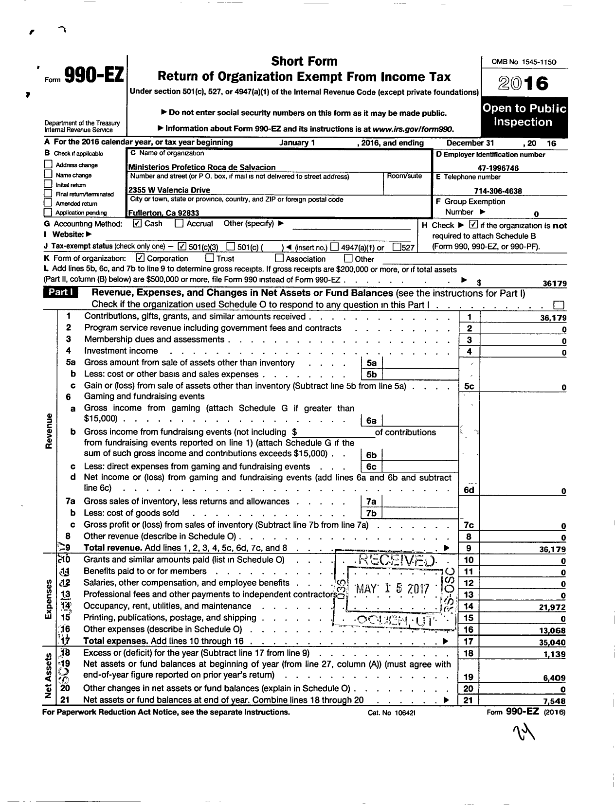 Image of first page of 2016 Form 990EZ for Ministerios Profetico Roca de Salvacion