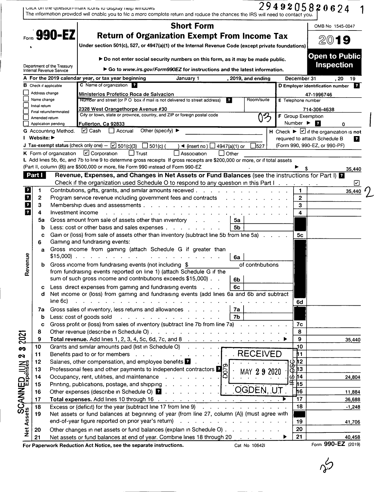 Image of first page of 2019 Form 990EZ for Ministerios Profetico Roca de Salvacion