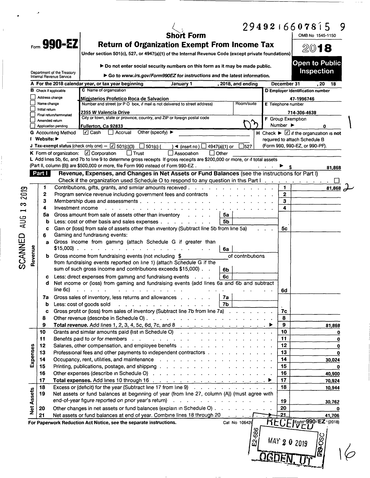 Image of first page of 2018 Form 990EZ for Ministerios Profetico Roca de Salvacion