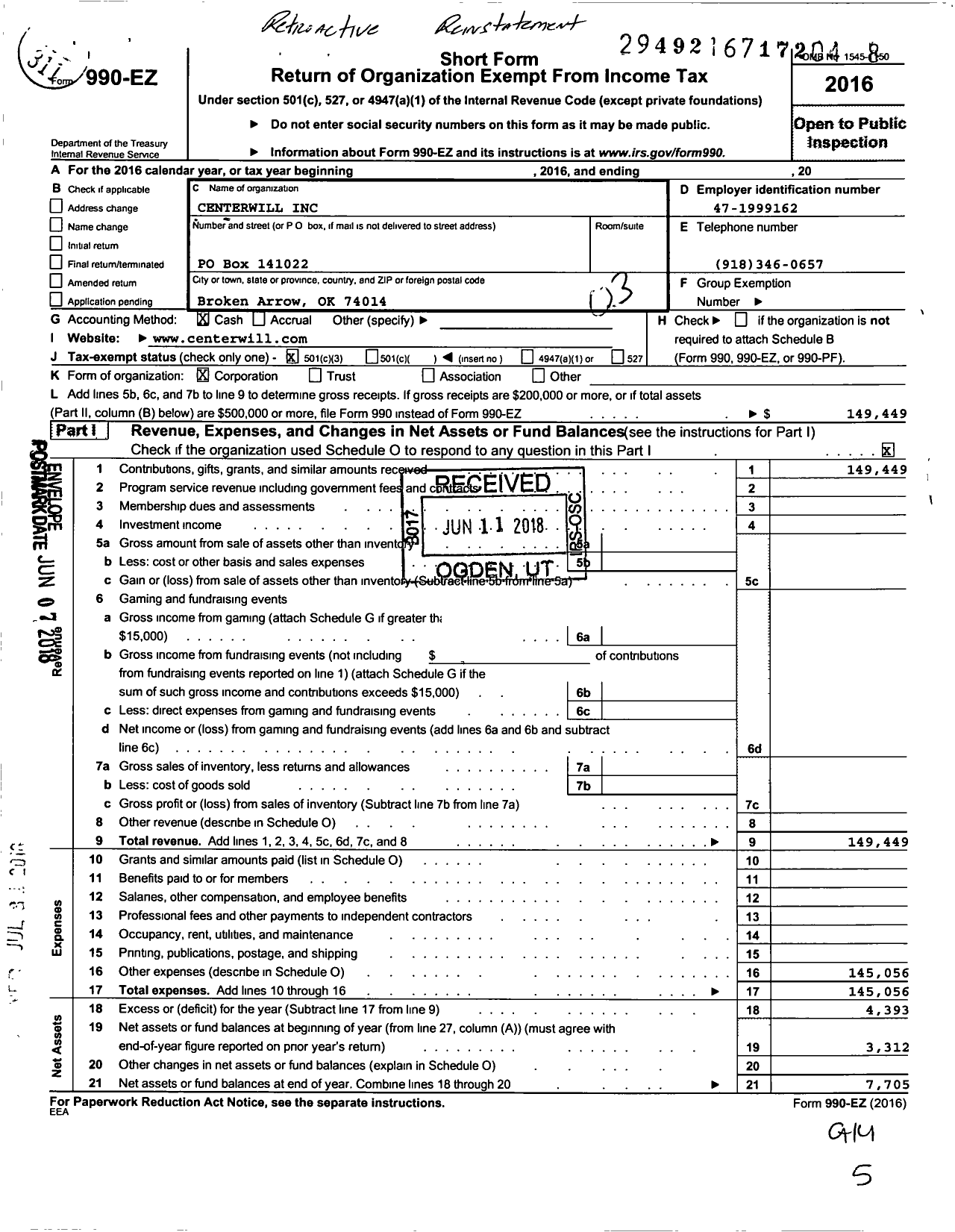 Image of first page of 2016 Form 990EZ for Centerwill