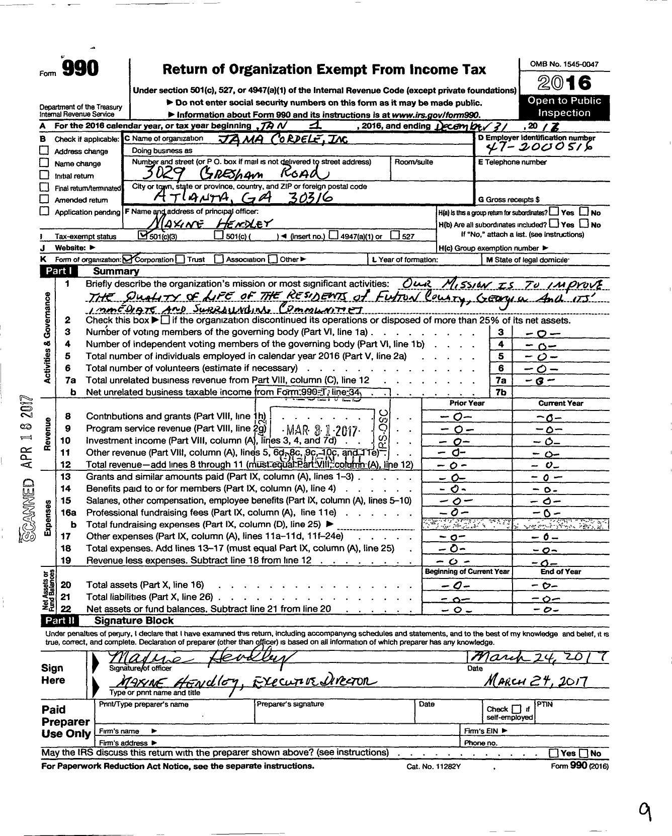 Image of first page of 2017 Form 990 for Jama Cordele