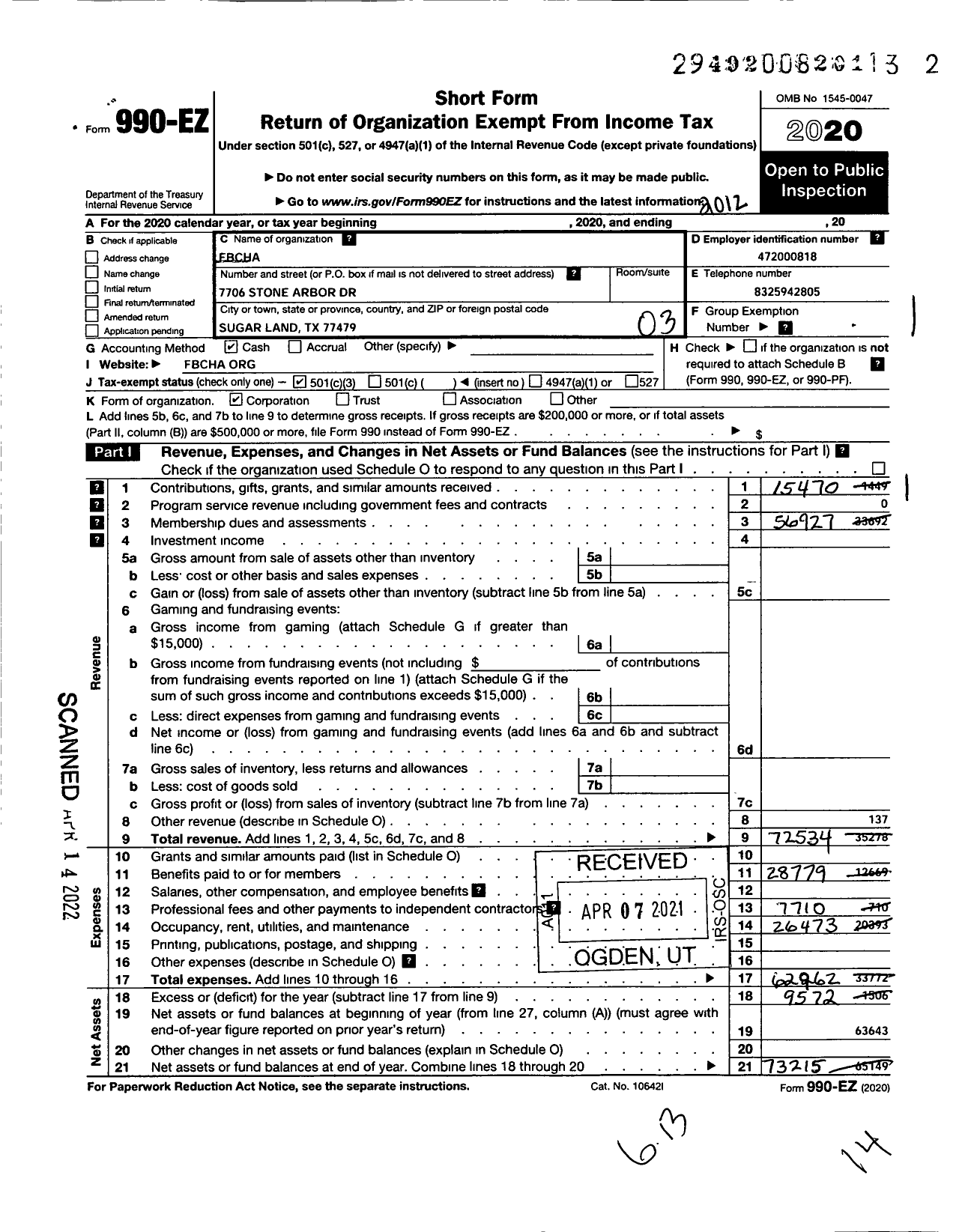 Image of first page of 2020 Form 990EZ for Fbcha