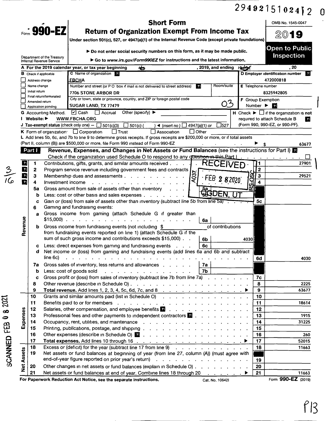 Image of first page of 2019 Form 990EZ for Fbcha