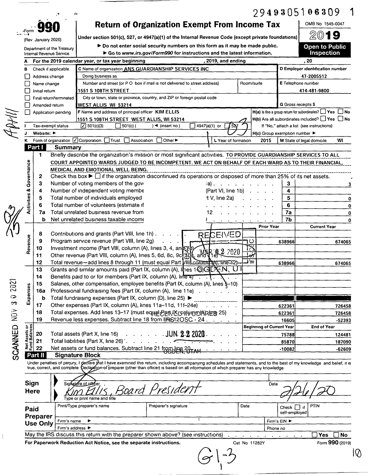 Image of first page of 2019 Form 990 for ANS Guardianship Services