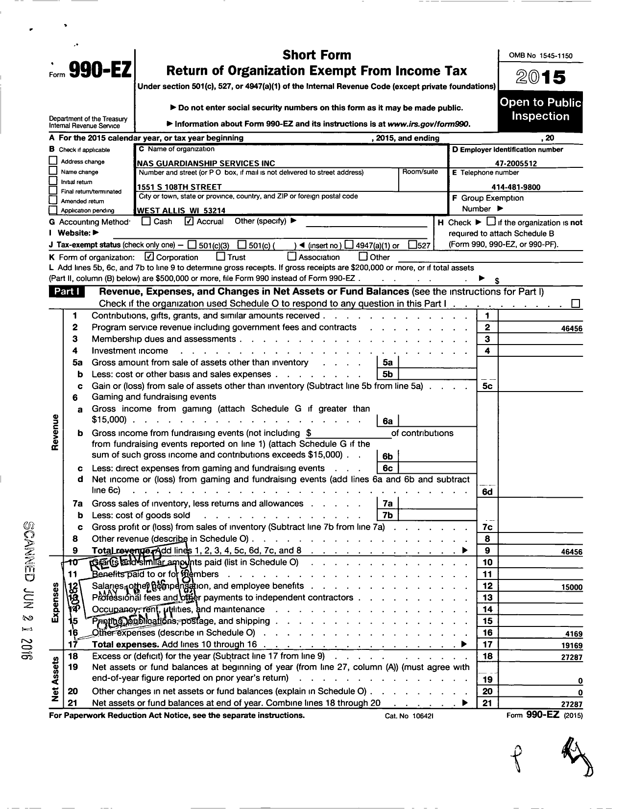 Image of first page of 2015 Form 990EO for ANS Guardianship Services