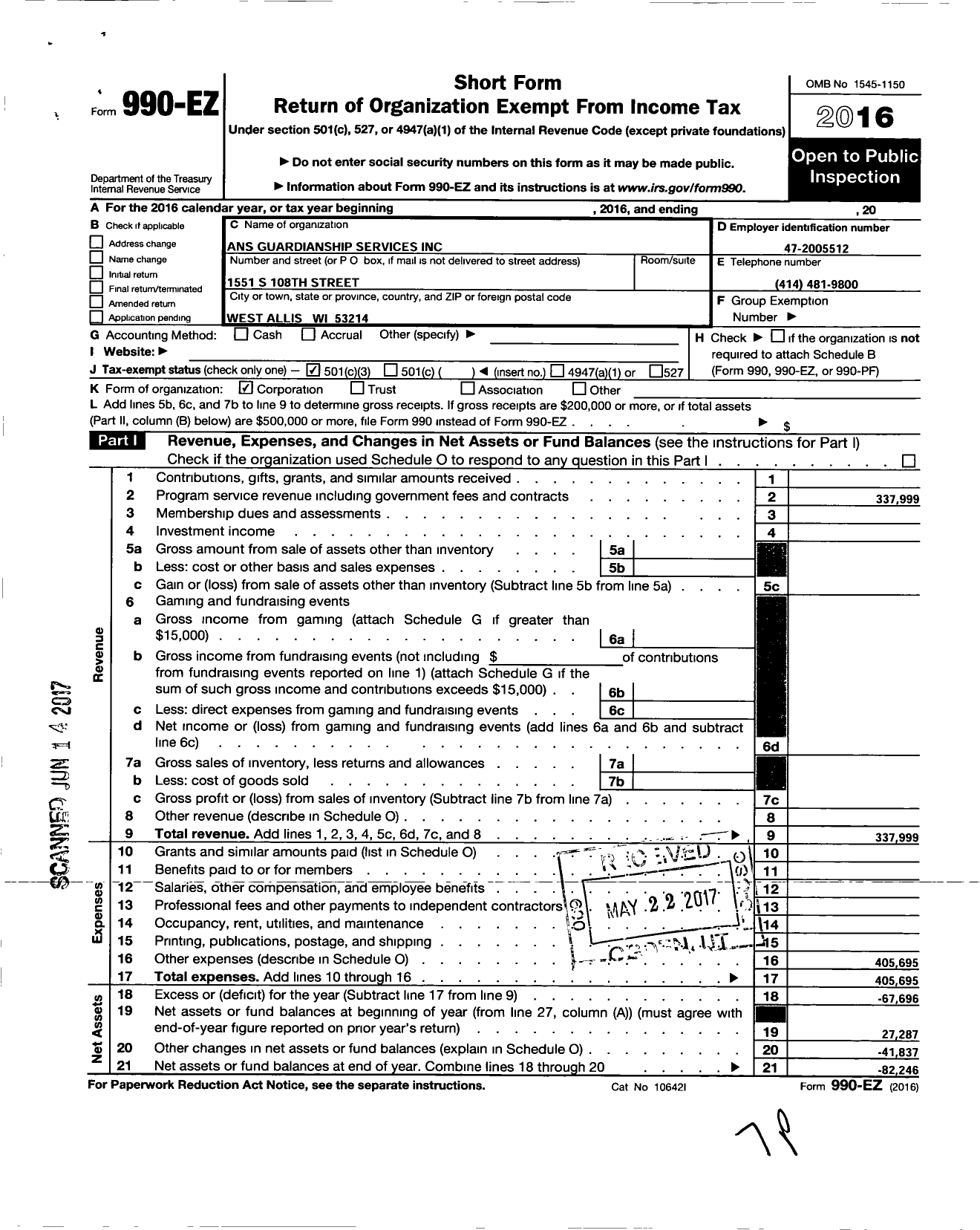 Image of first page of 2016 Form 990EZ for ANS Guardianship Services