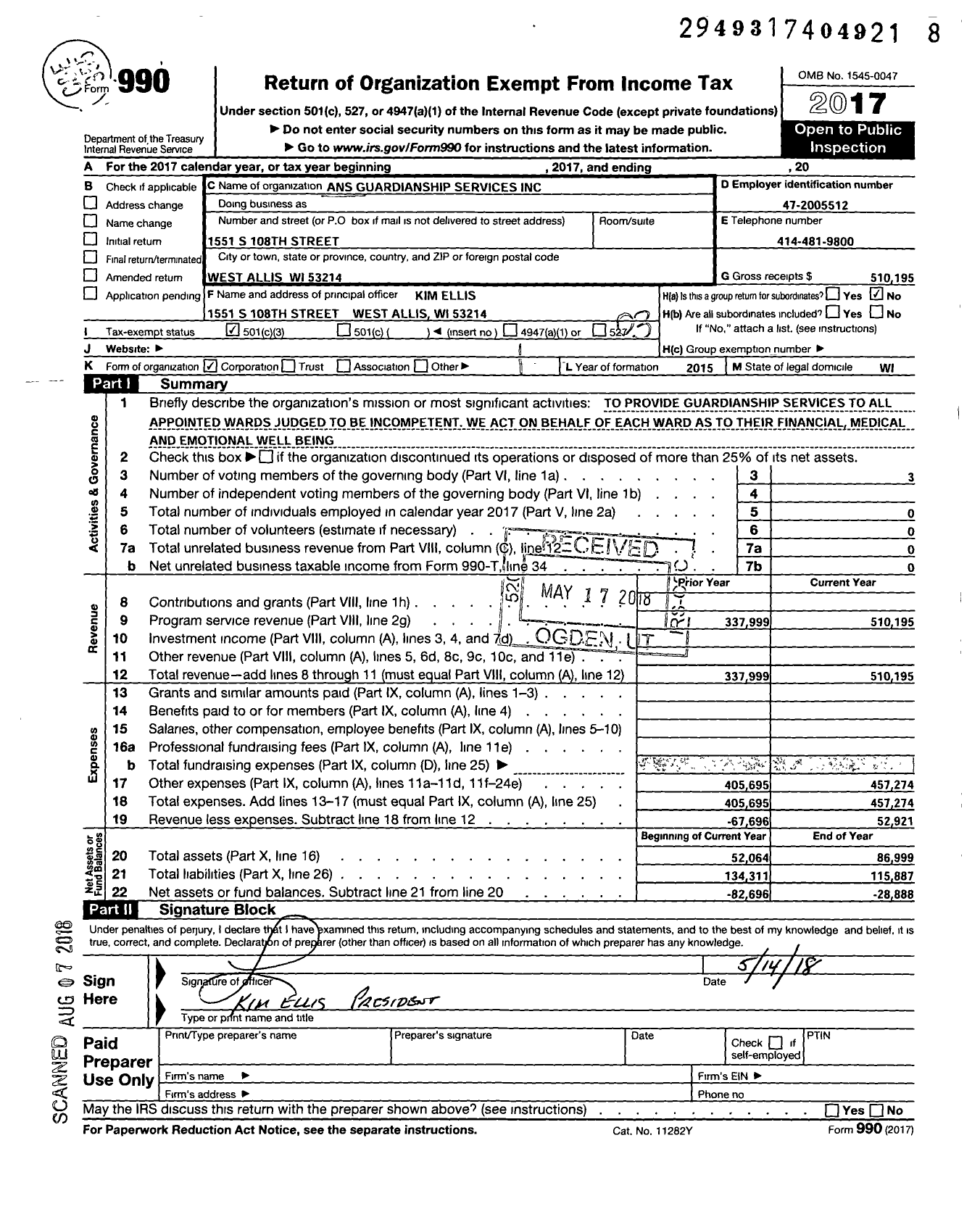 Image of first page of 2017 Form 990 for ANS Guardianship Services