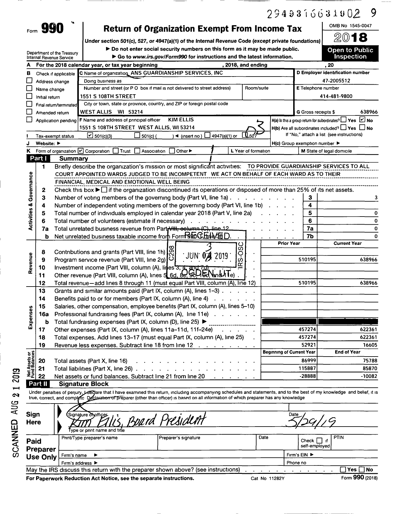 Image of first page of 2018 Form 990 for ANS Guardianship Services