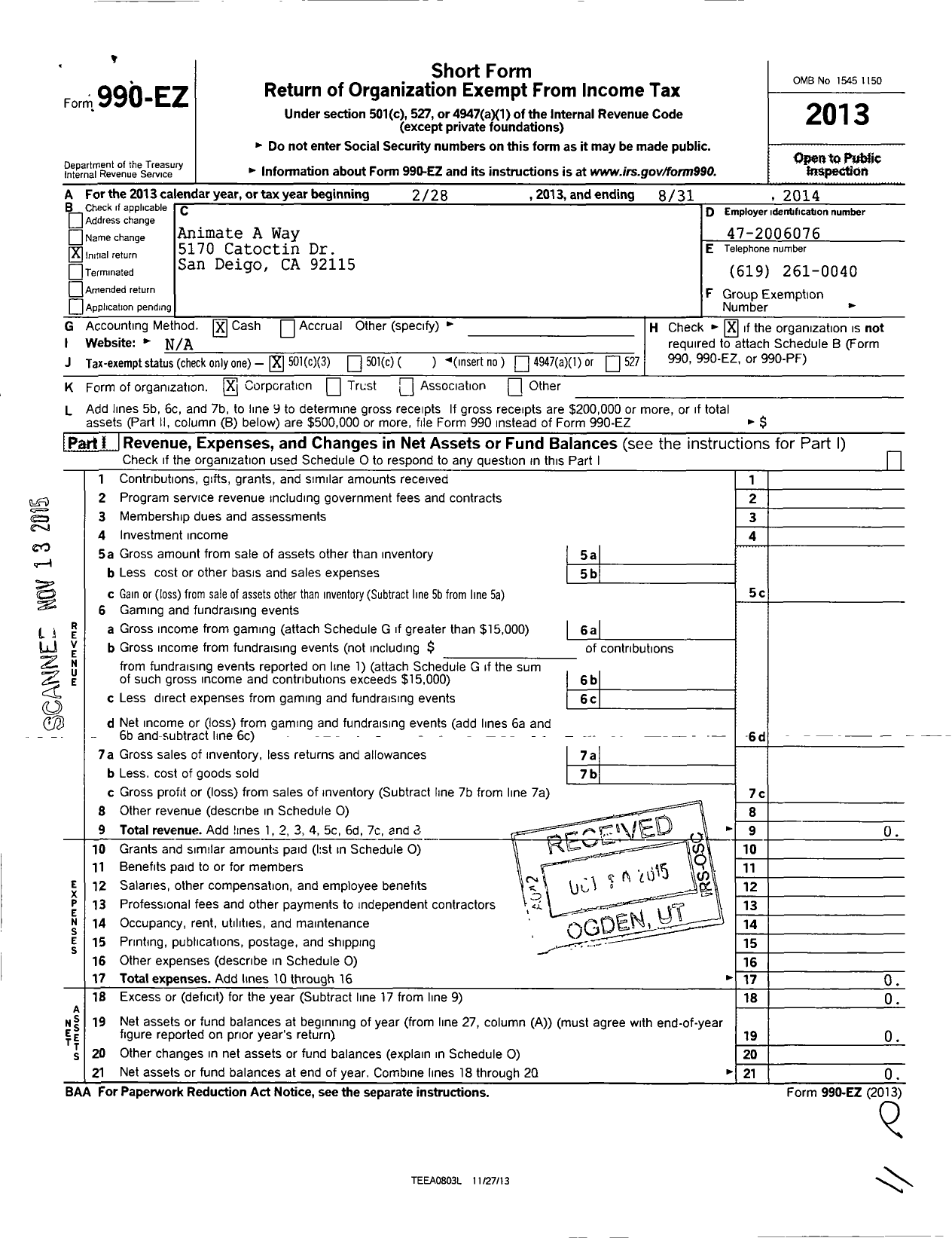 Image of first page of 2013 Form 990EZ for Animate A Way