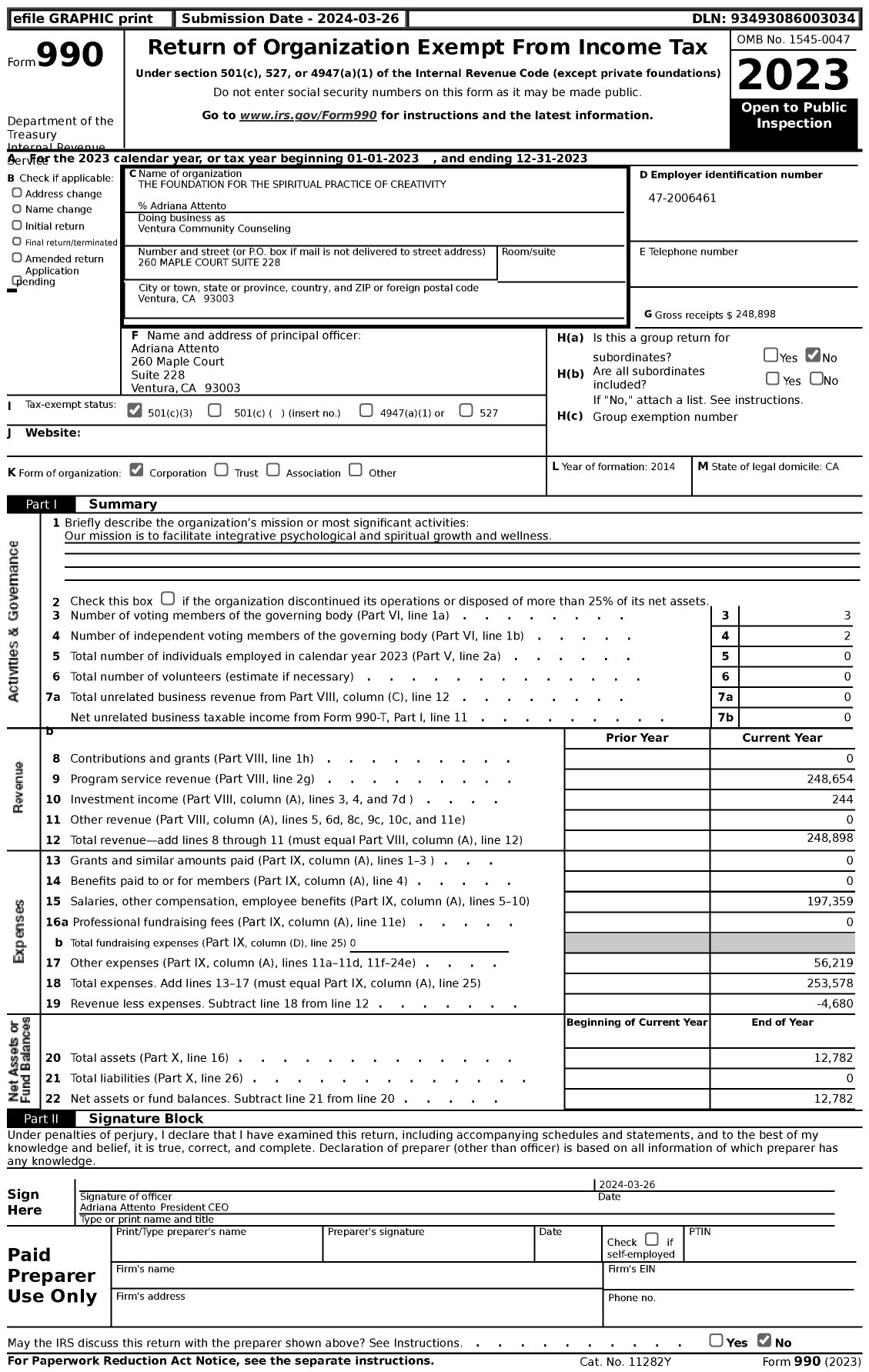 Image of first page of 2023 Form 990 for Ventura Community Counseling