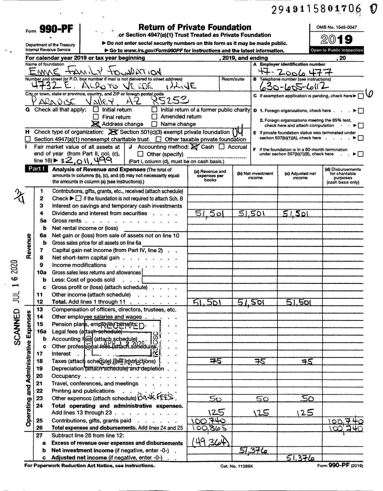 Image of first page of 2019 Form 990PR for Emme Family Foundation