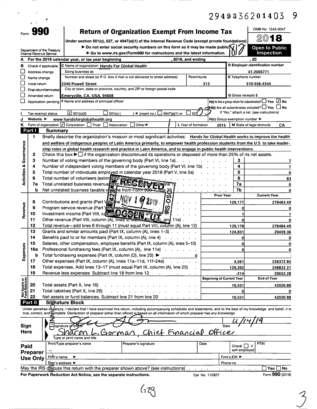 Image of first page of 2018 Form 990 for Hands for Global Health