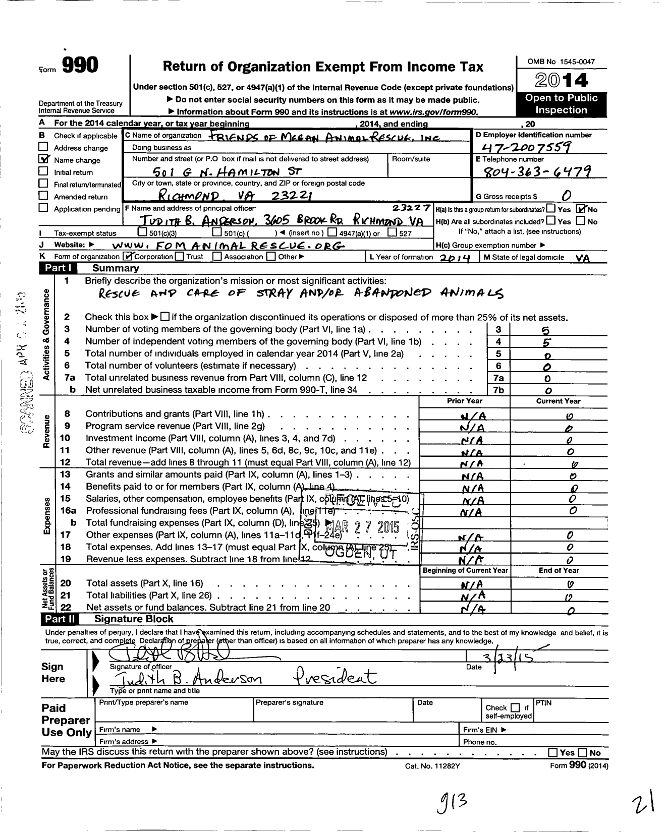 Image of first page of 2014 Form 990O for Friends of Megan Animal Rescue