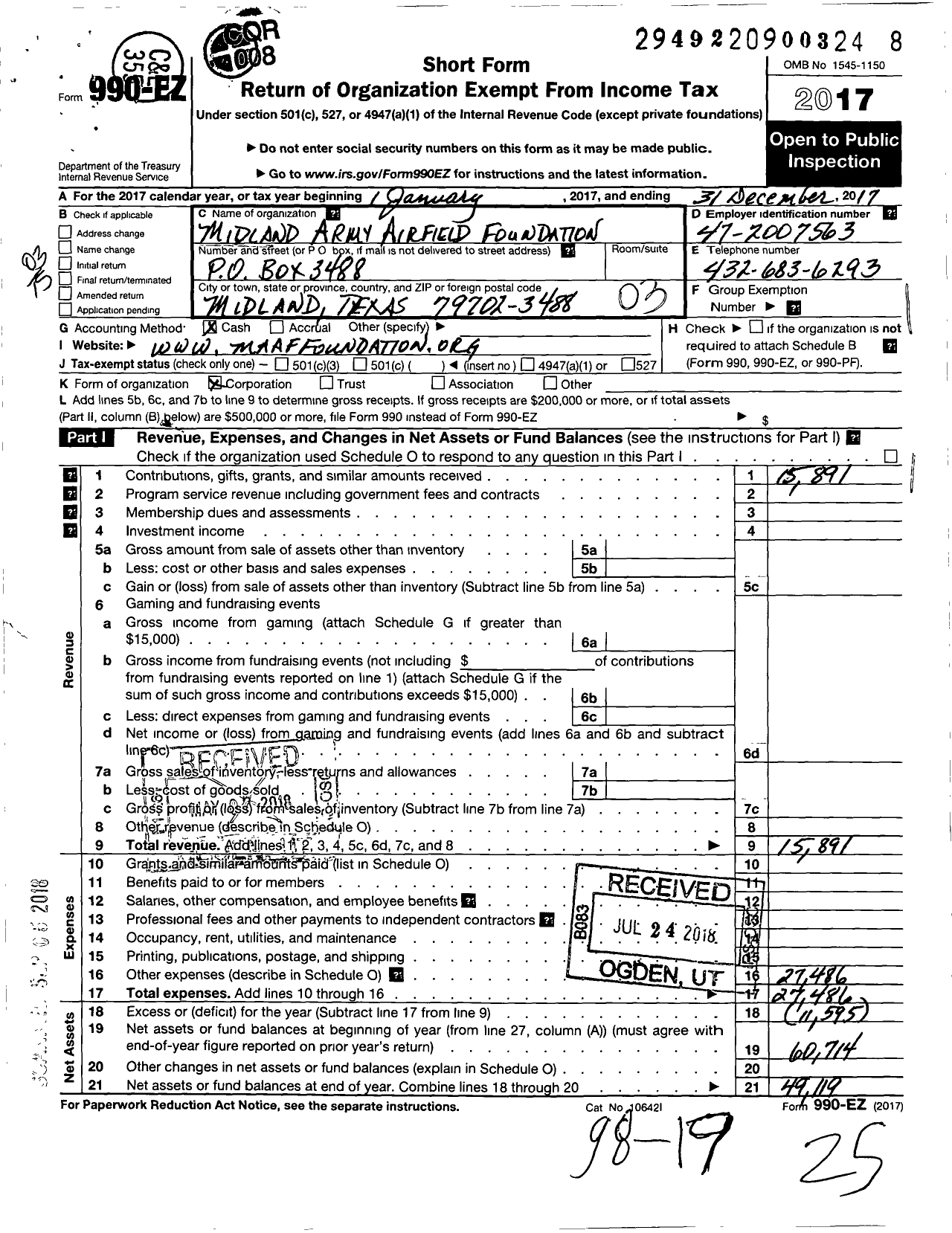 Image of first page of 2017 Form 990EZ for Midland Army Airfield Foundation