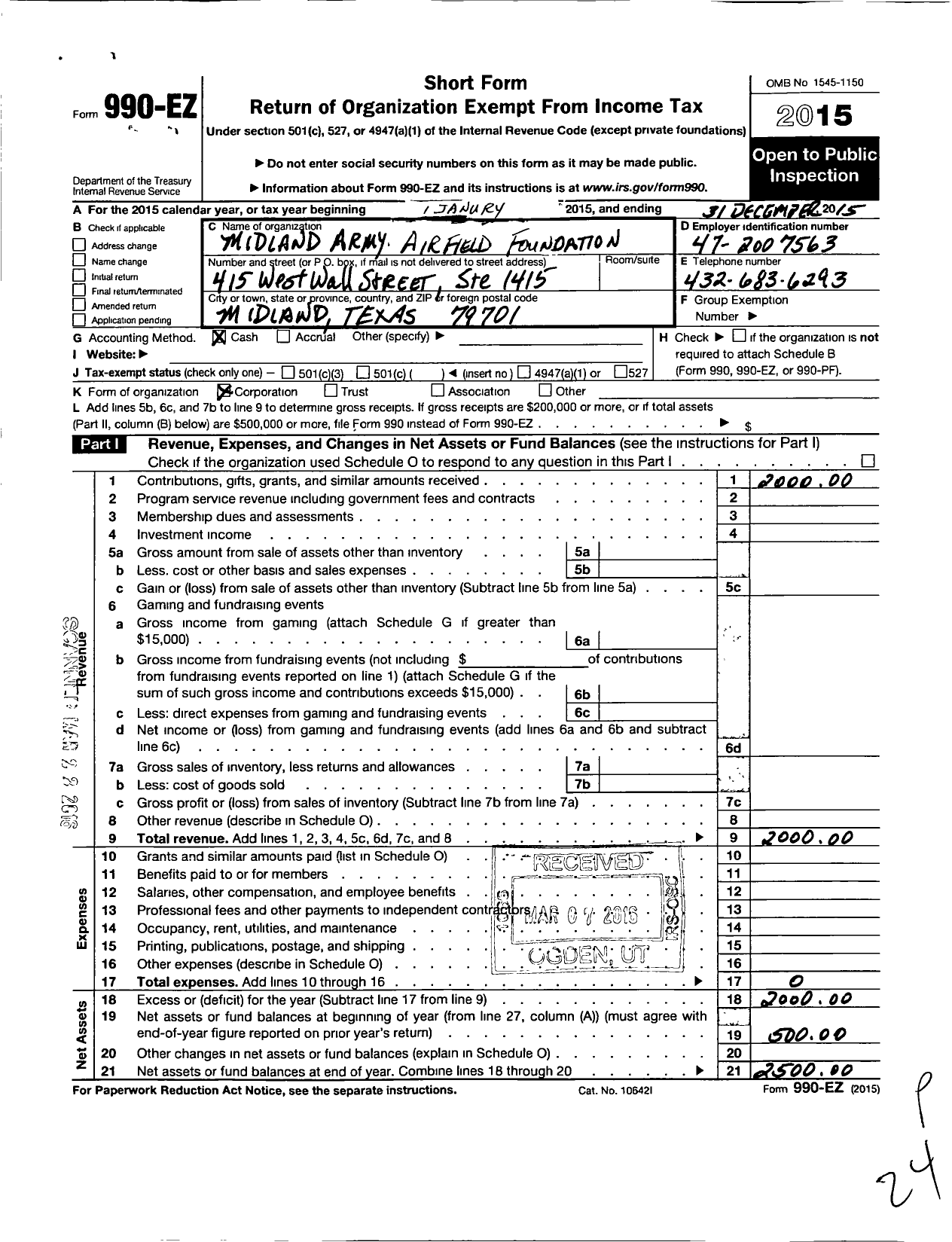 Image of first page of 2015 Form 990EO for Midland Army Airfield Foundation