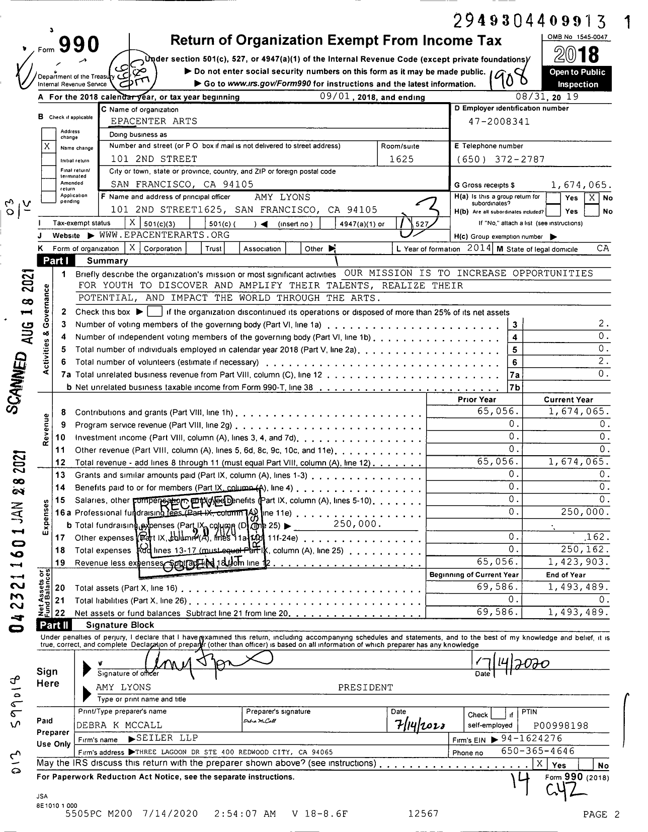 Image of first page of 2018 Form 990 for Epacenter