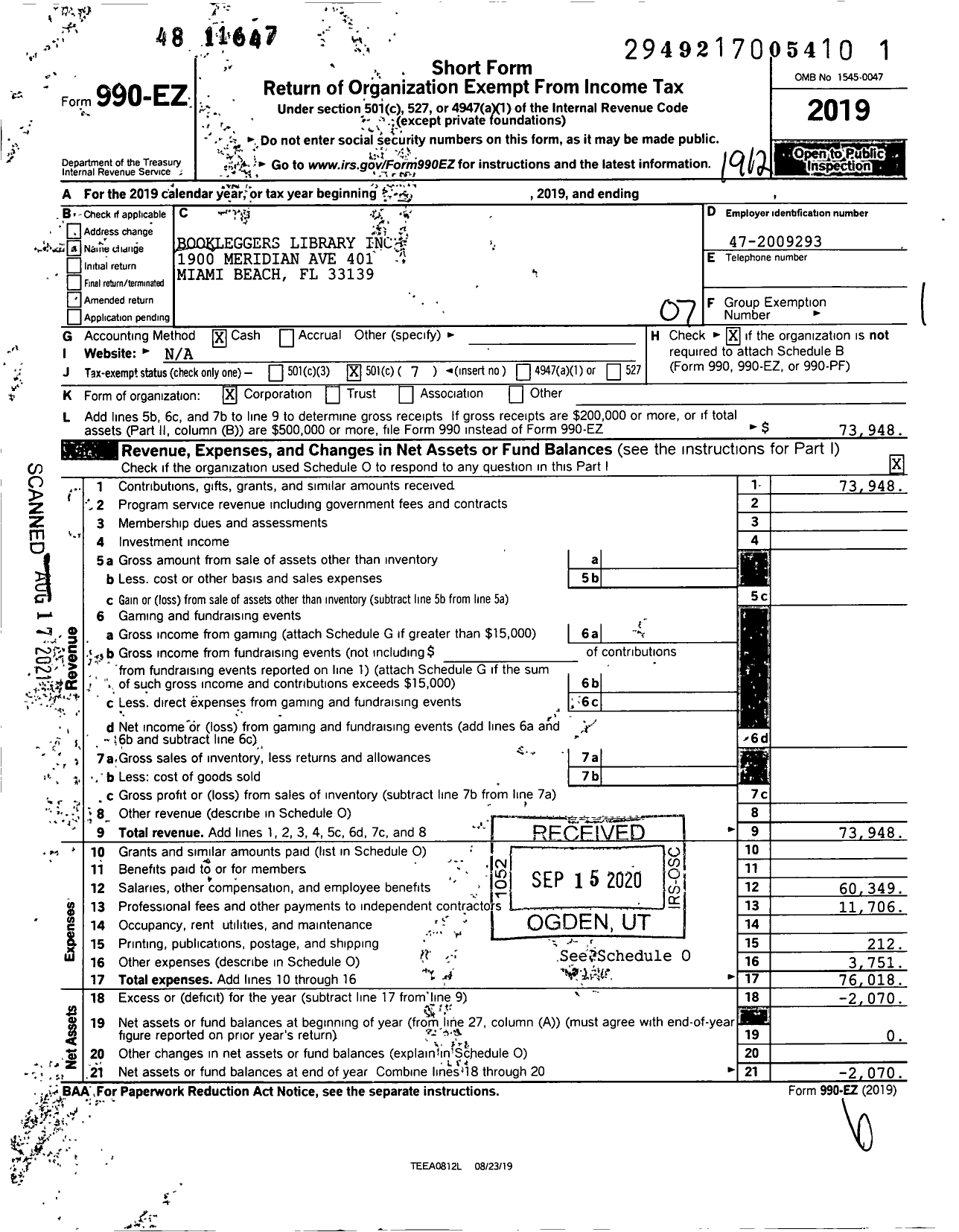 Image of first page of 2019 Form 990EO for Bookleggers Library