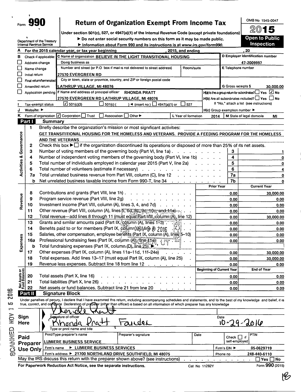 Image of first page of 2015 Form 990 for Believe in the Light Transitional Housing