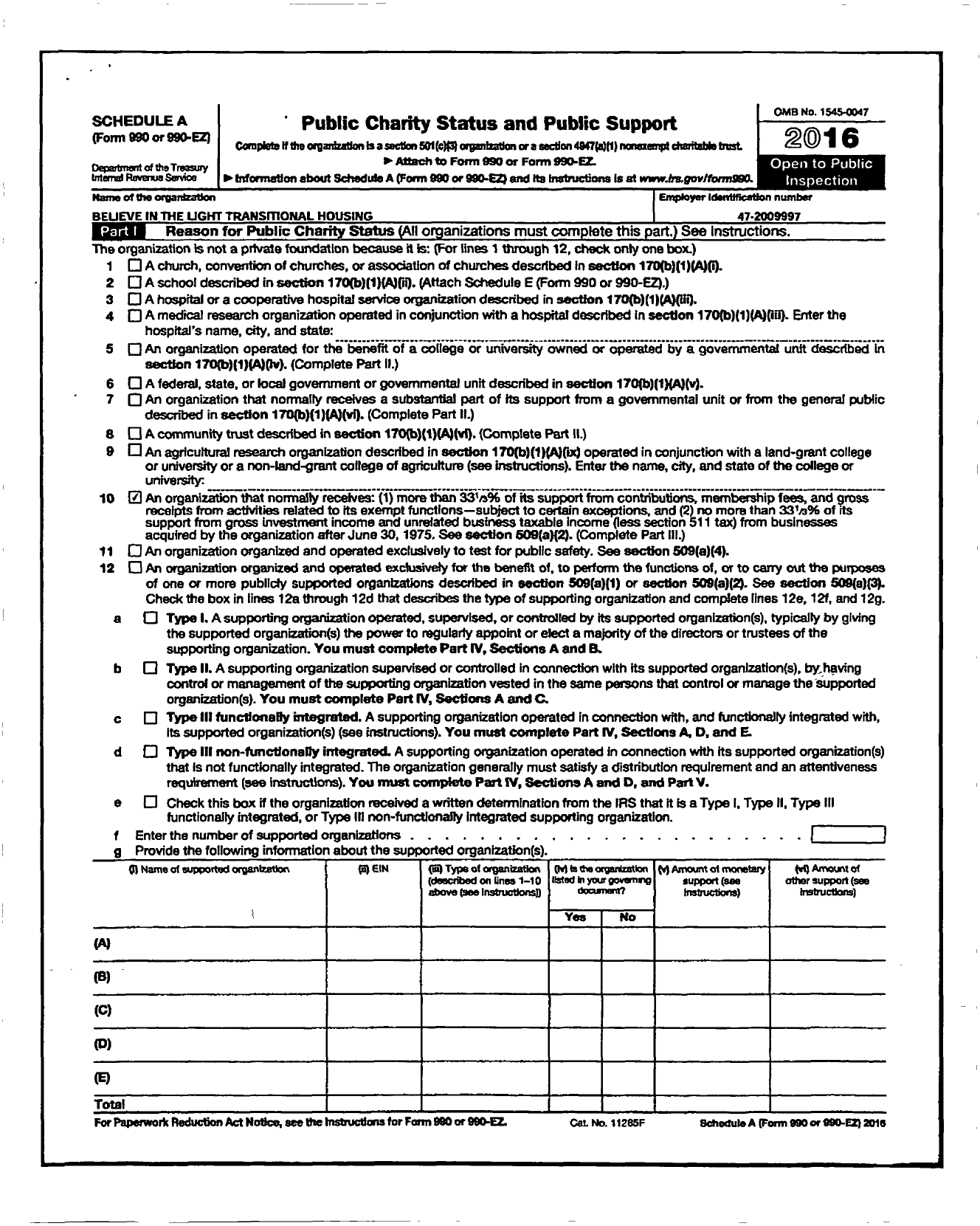 Image of first page of 2015 Form 990R for Believe in the Light Transitional Housing