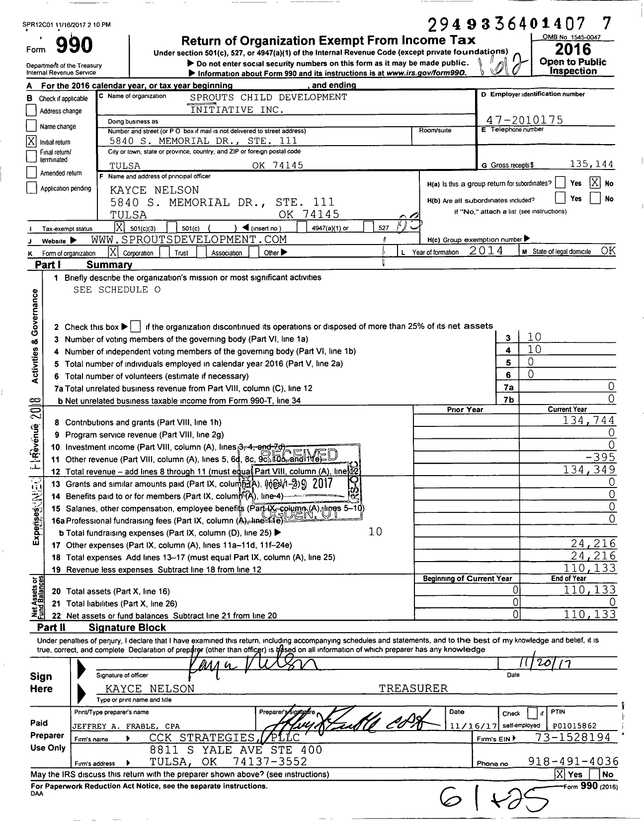 Image of first page of 2016 Form 990 for Sprouts Child Development Initiative