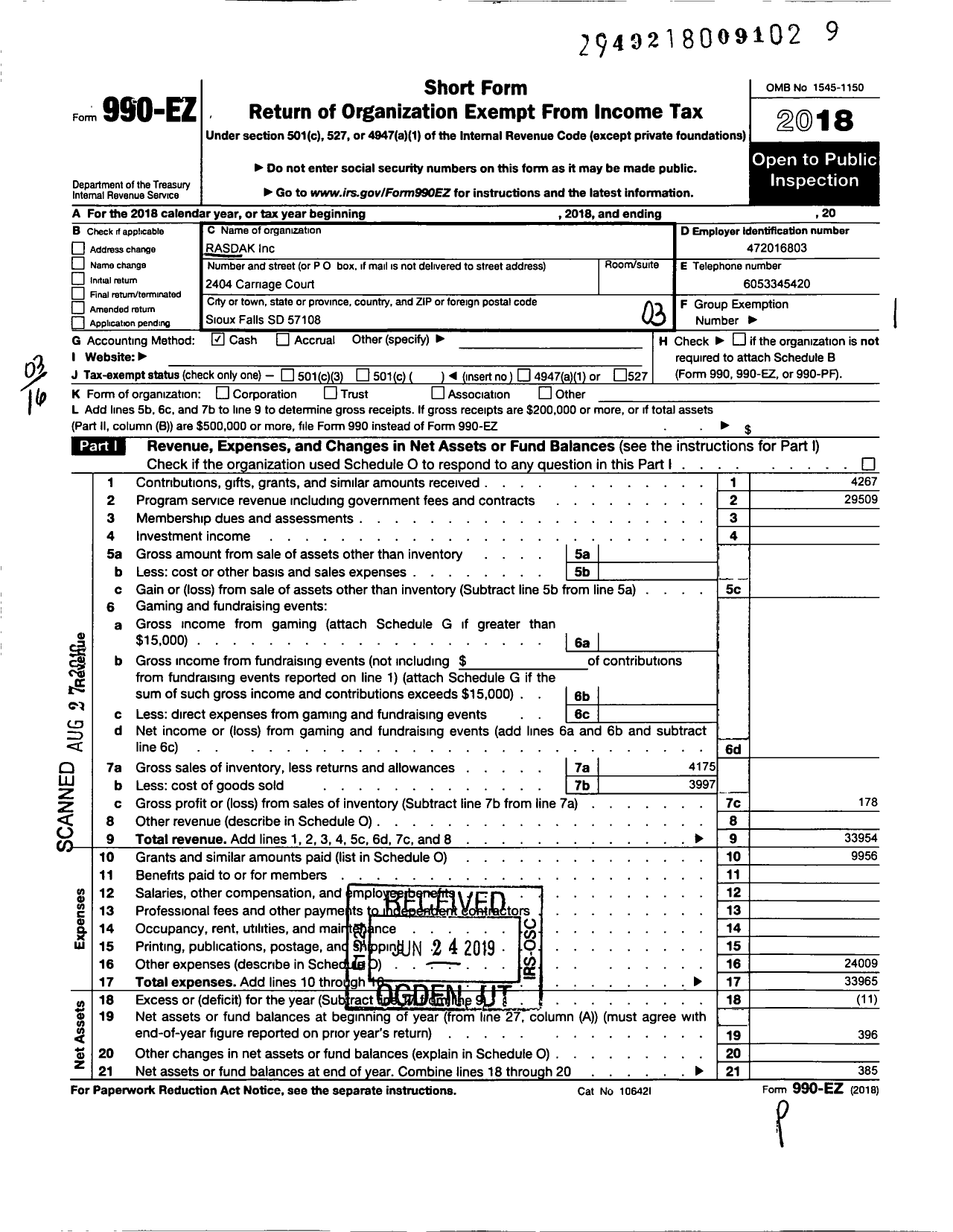 Image of first page of 2018 Form 990EZ for Rasdak