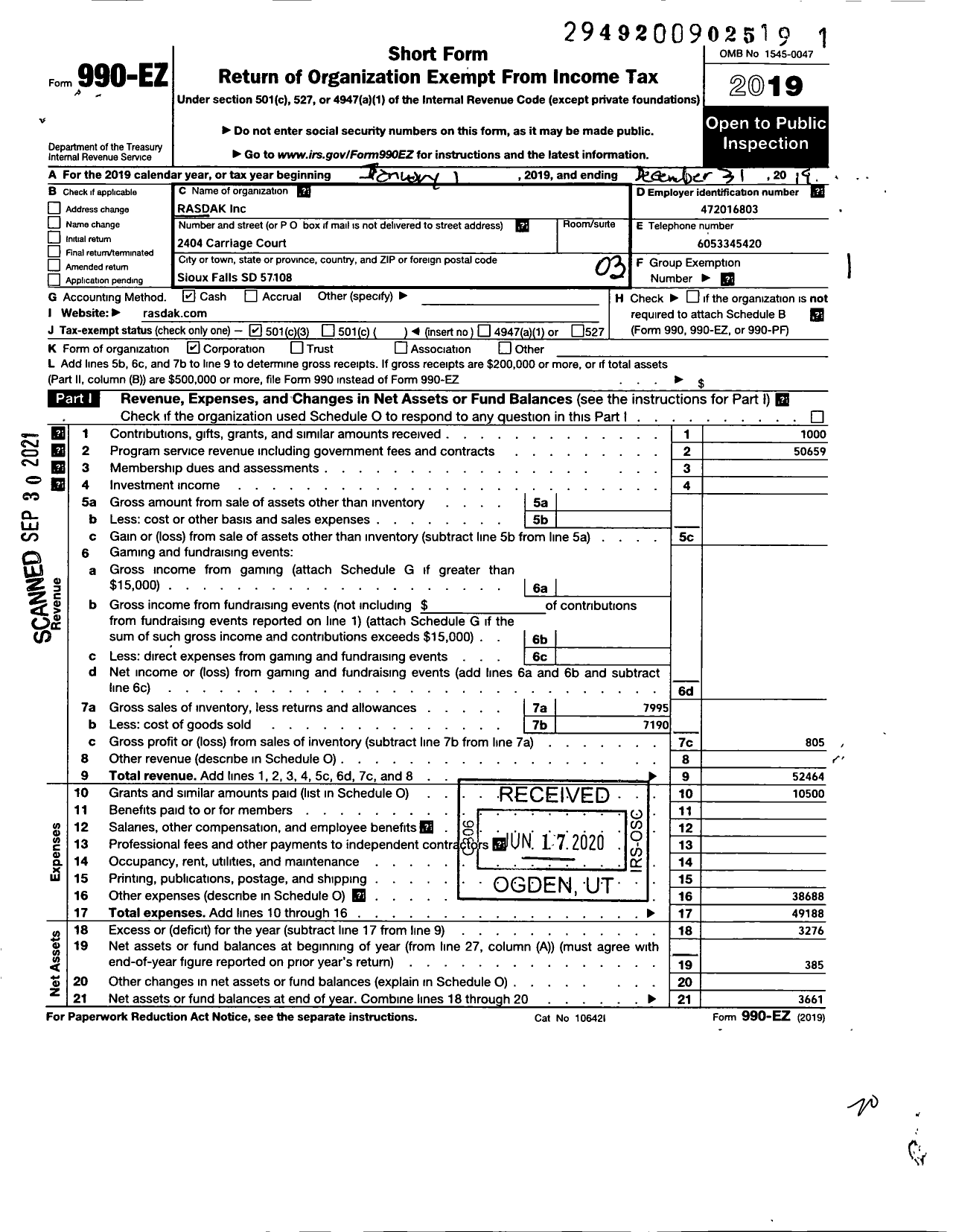 Image of first page of 2019 Form 990EZ for Rasdak