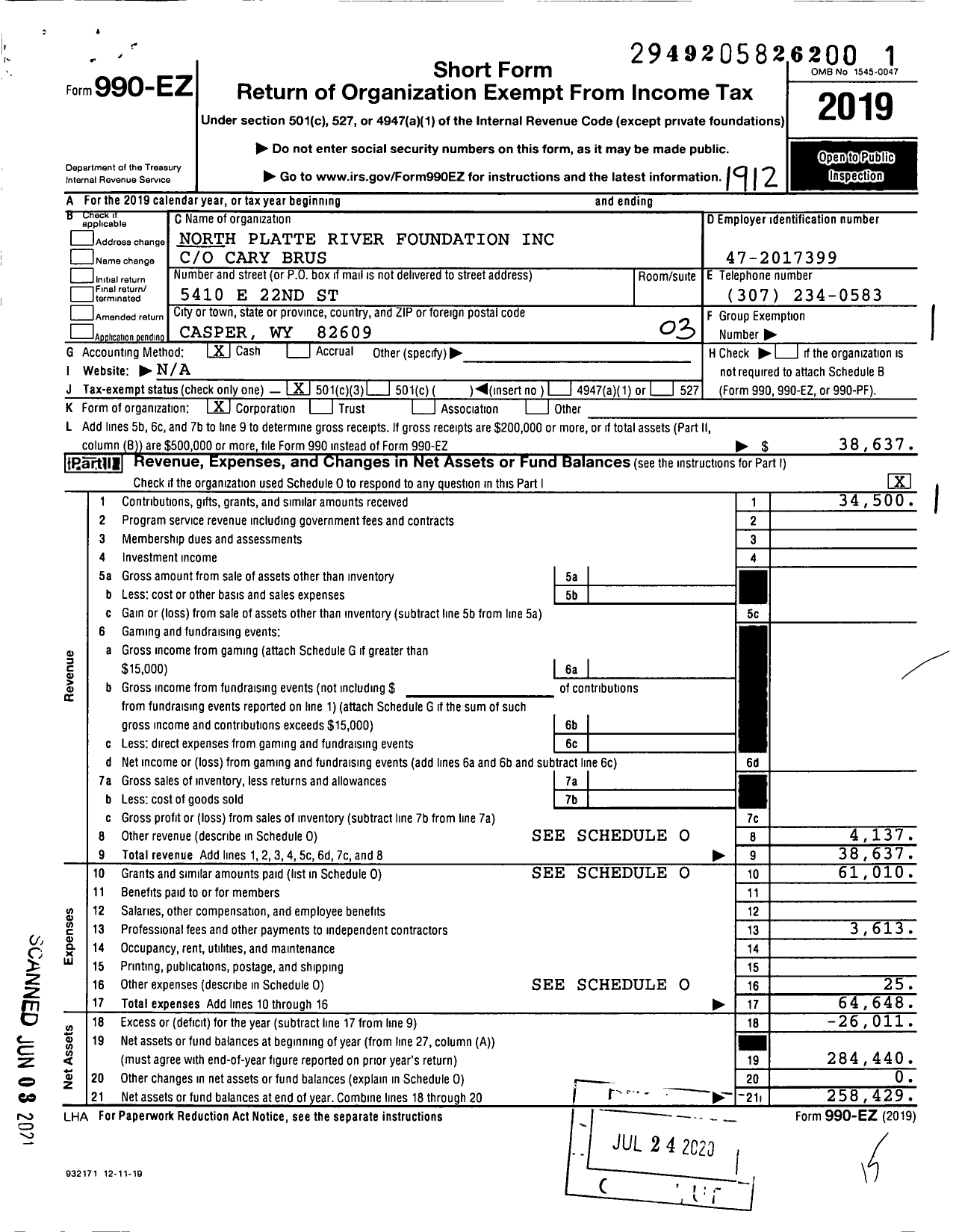 Image of first page of 2019 Form 990EZ for North Platte River Foundation