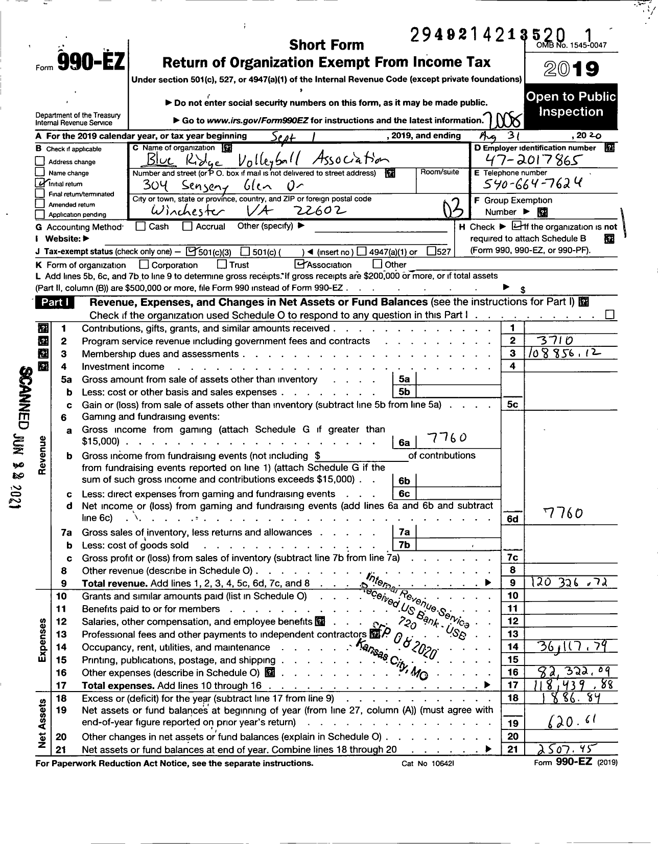 Image of first page of 2019 Form 990EZ for Amateur Athletic Union - Blue Ridge Volleyball