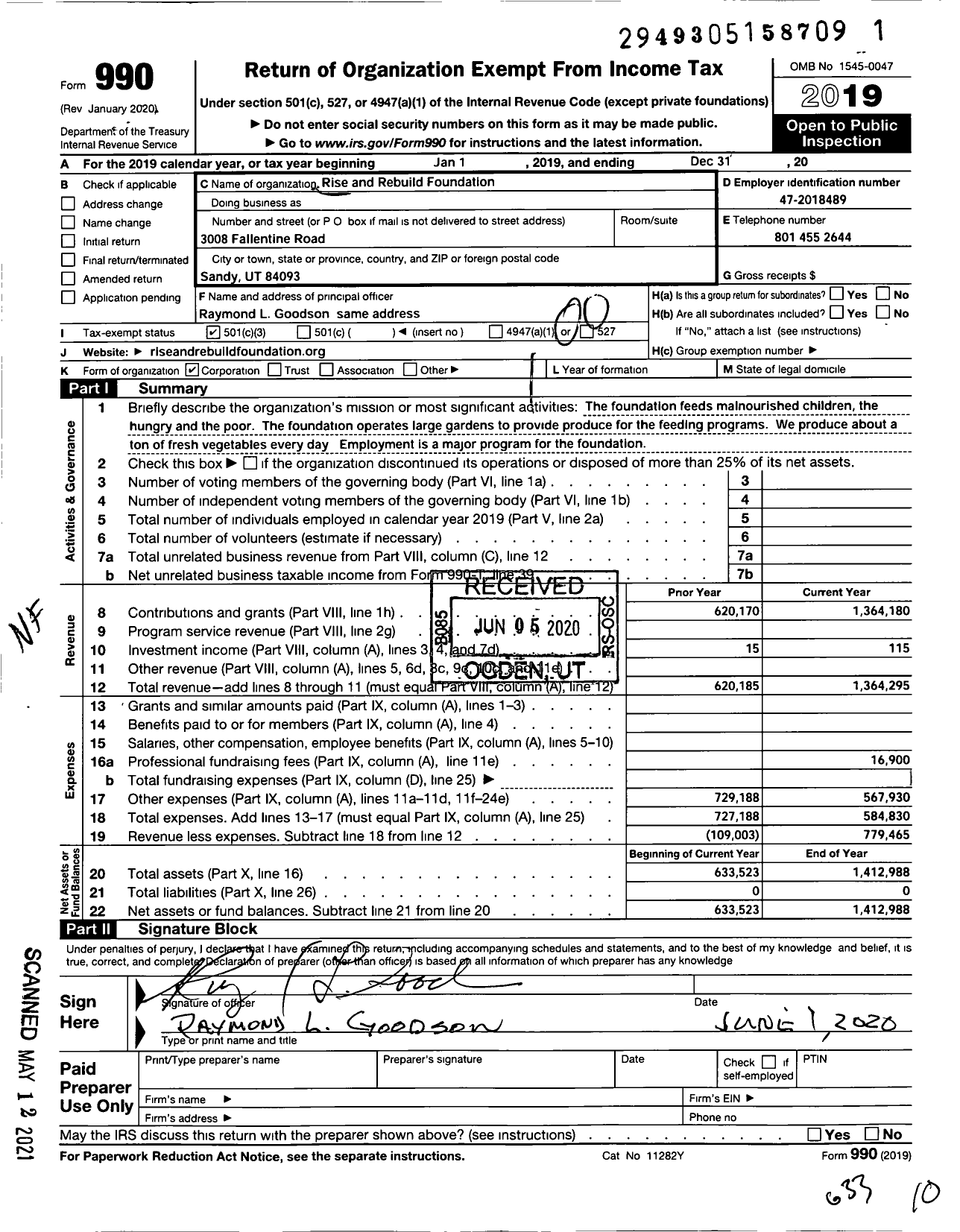 Image of first page of 2019 Form 990O for Rise and Rebuild Foundation