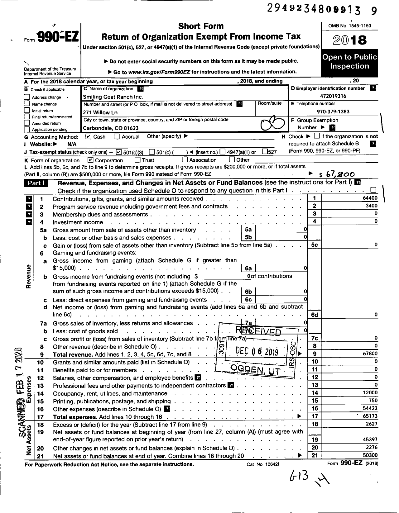 Image of first page of 2018 Form 990EZ for Smiling Goat Ranch