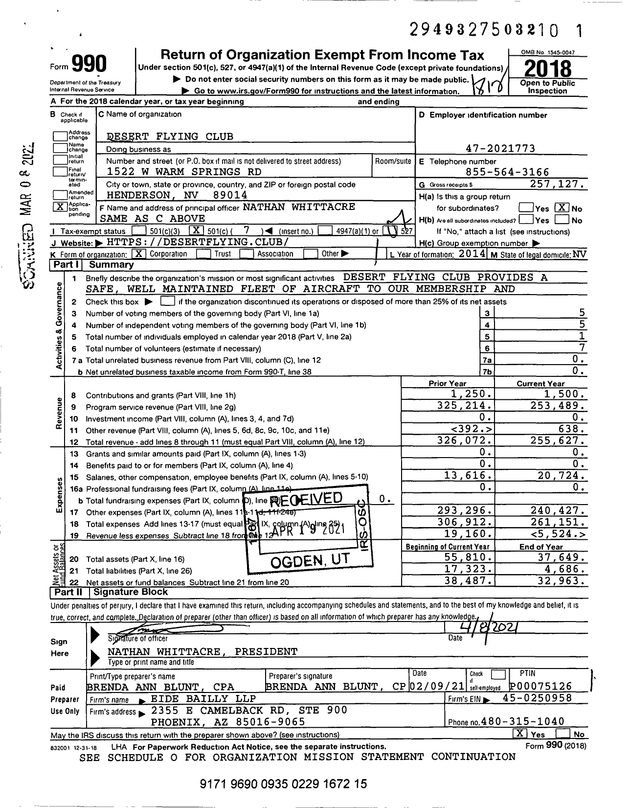 Image of first page of 2018 Form 990O for Desert Flying Club