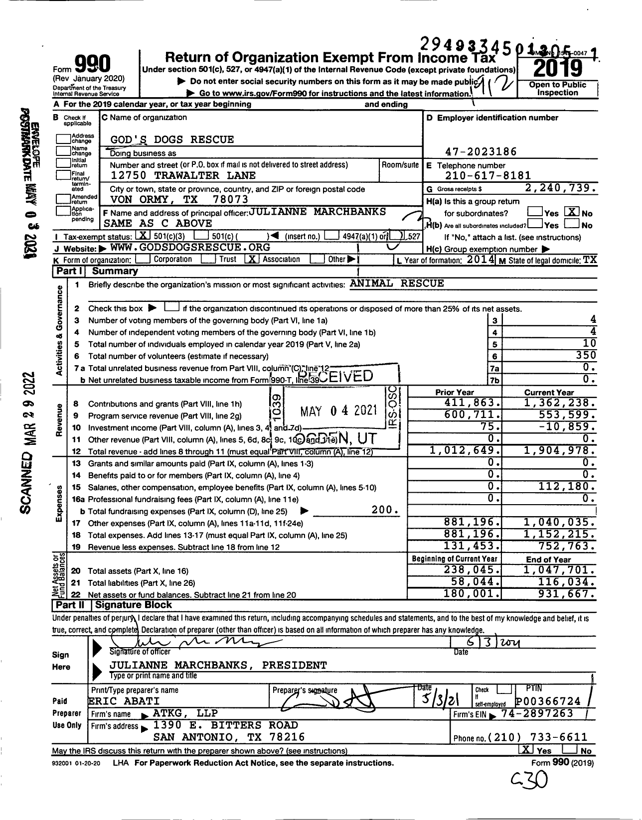 Image of first page of 2019 Form 990 for God's Dogs Rescue