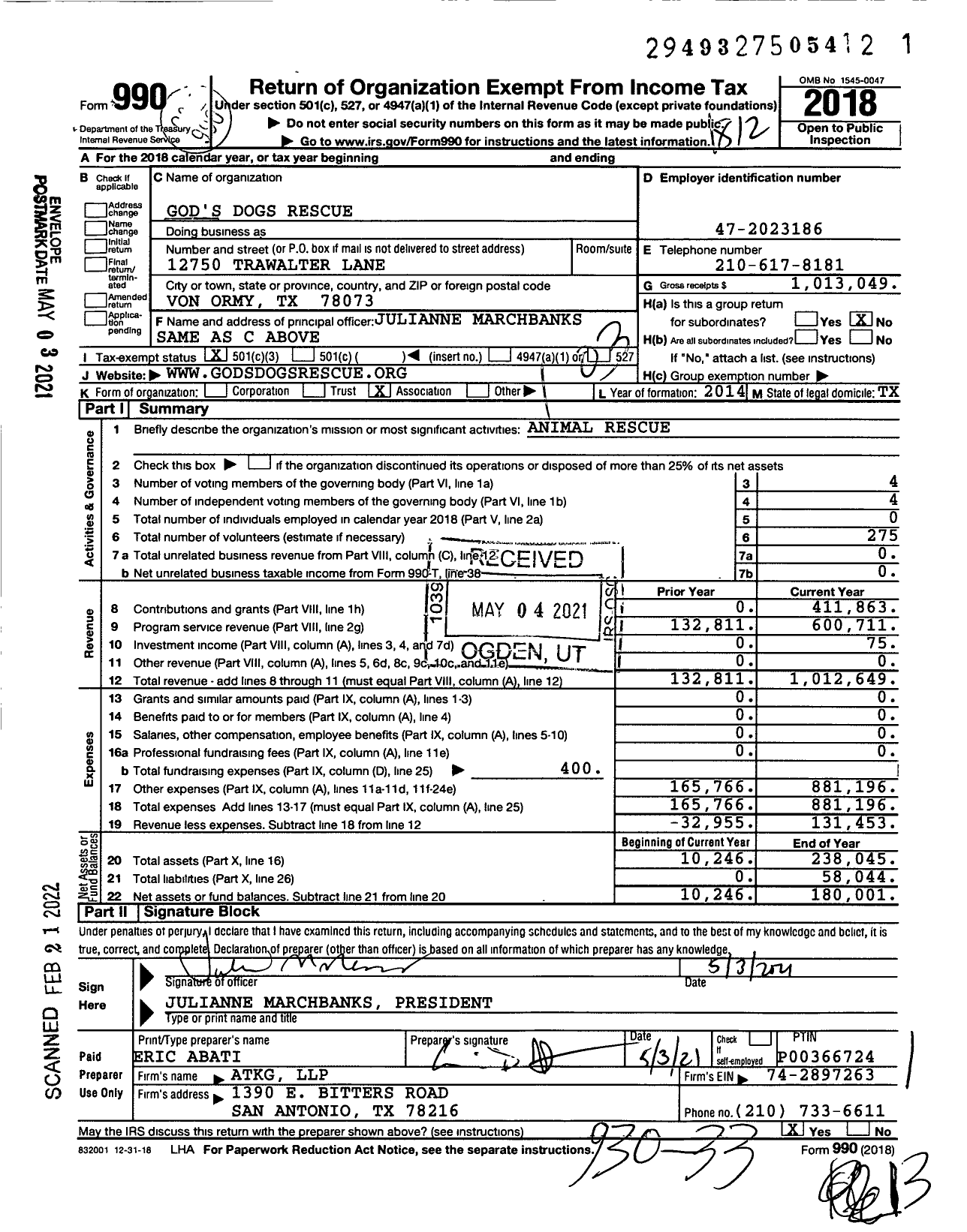 Image of first page of 2018 Form 990 for God's Dogs Rescue