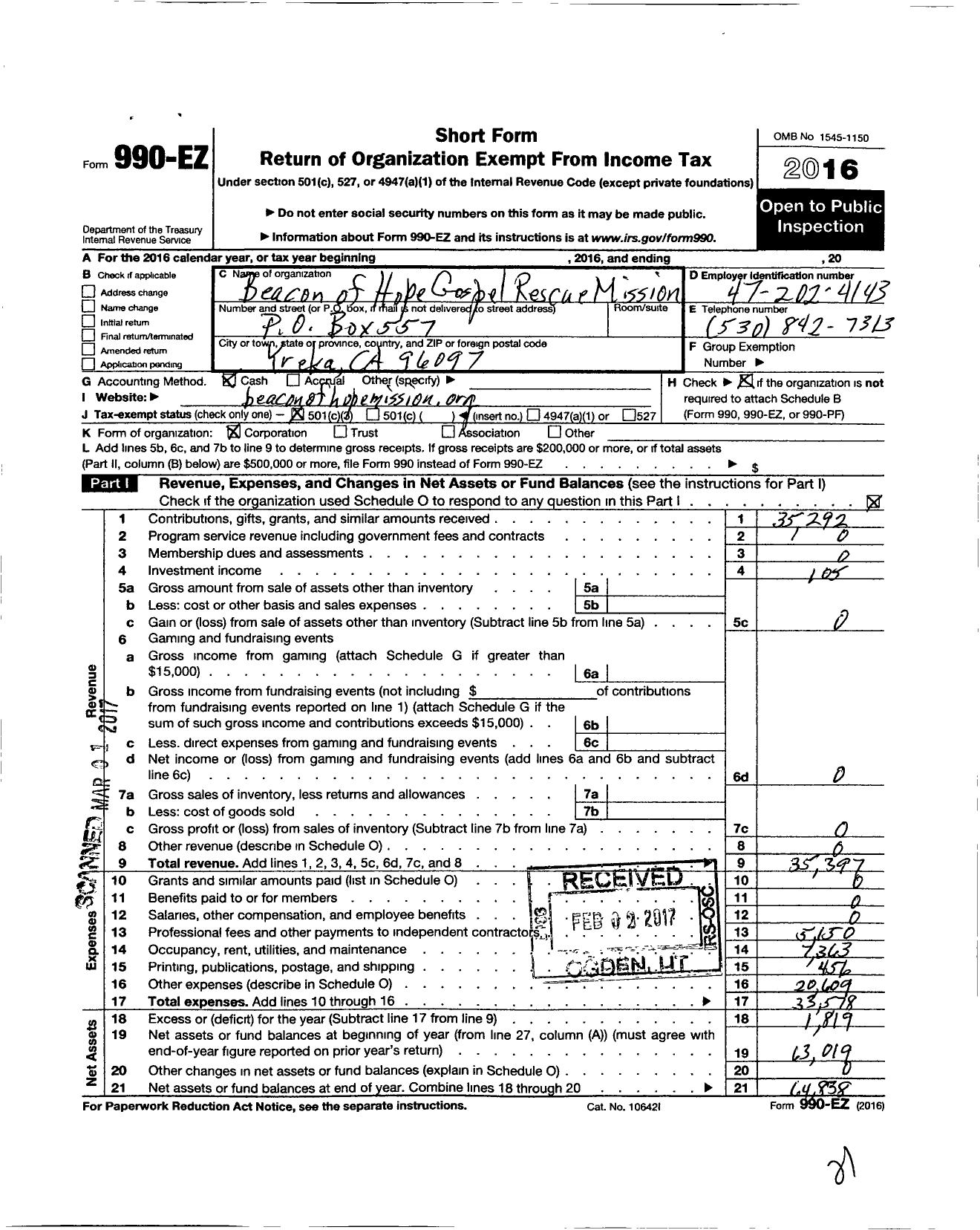 Image of first page of 2016 Form 990EZ for Beacon of Hope Gospel Rescue Mission