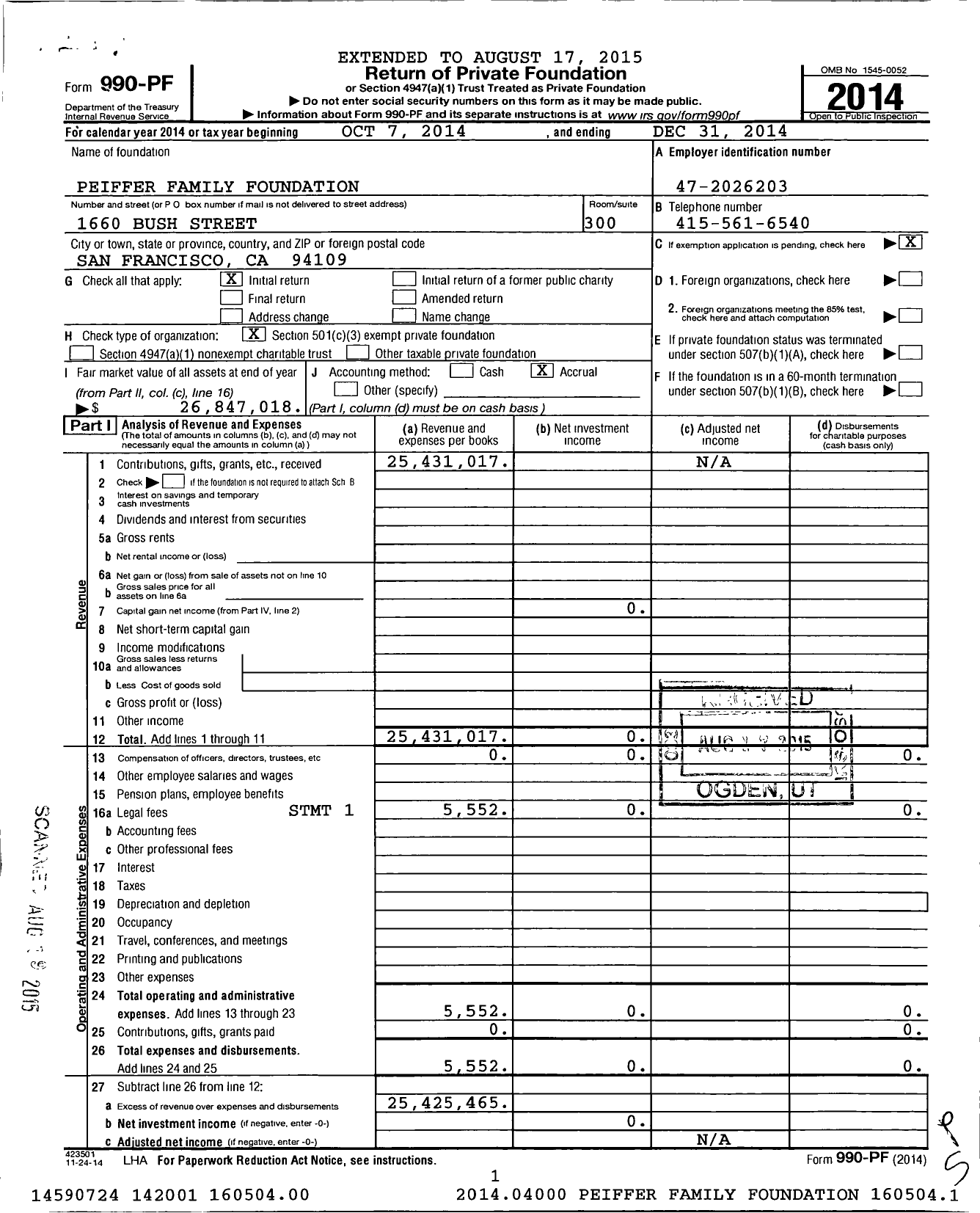 Image of first page of 2014 Form 990PF for Peiffer Family Foundation