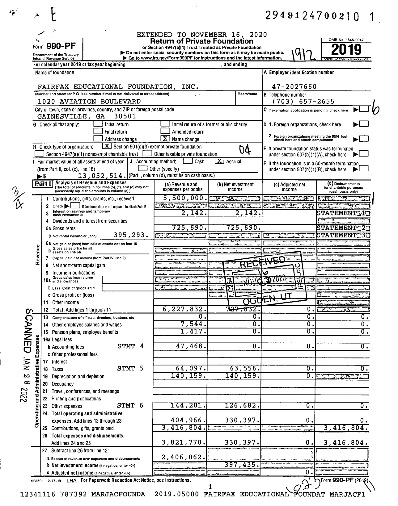 Image of first page of 2019 Form 990PF for Fairfax Educational Foundation