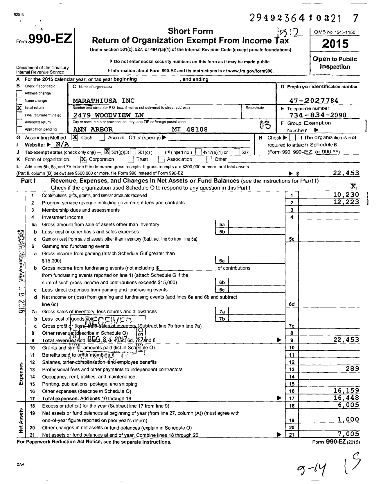 Image of first page of 2015 Form 990EZ for Marathiusa