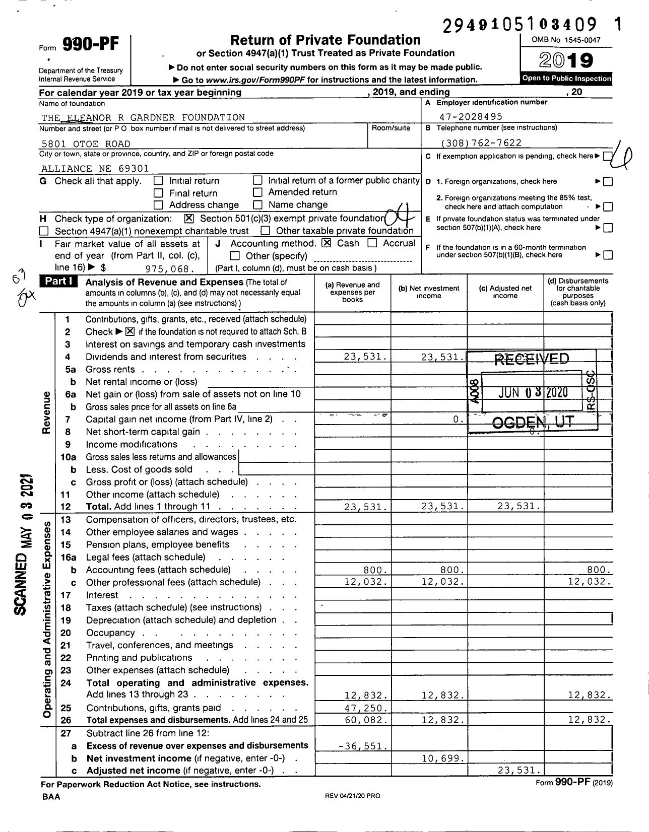 Image of first page of 2019 Form 990PF for The Eleanor R Gardner Foundation