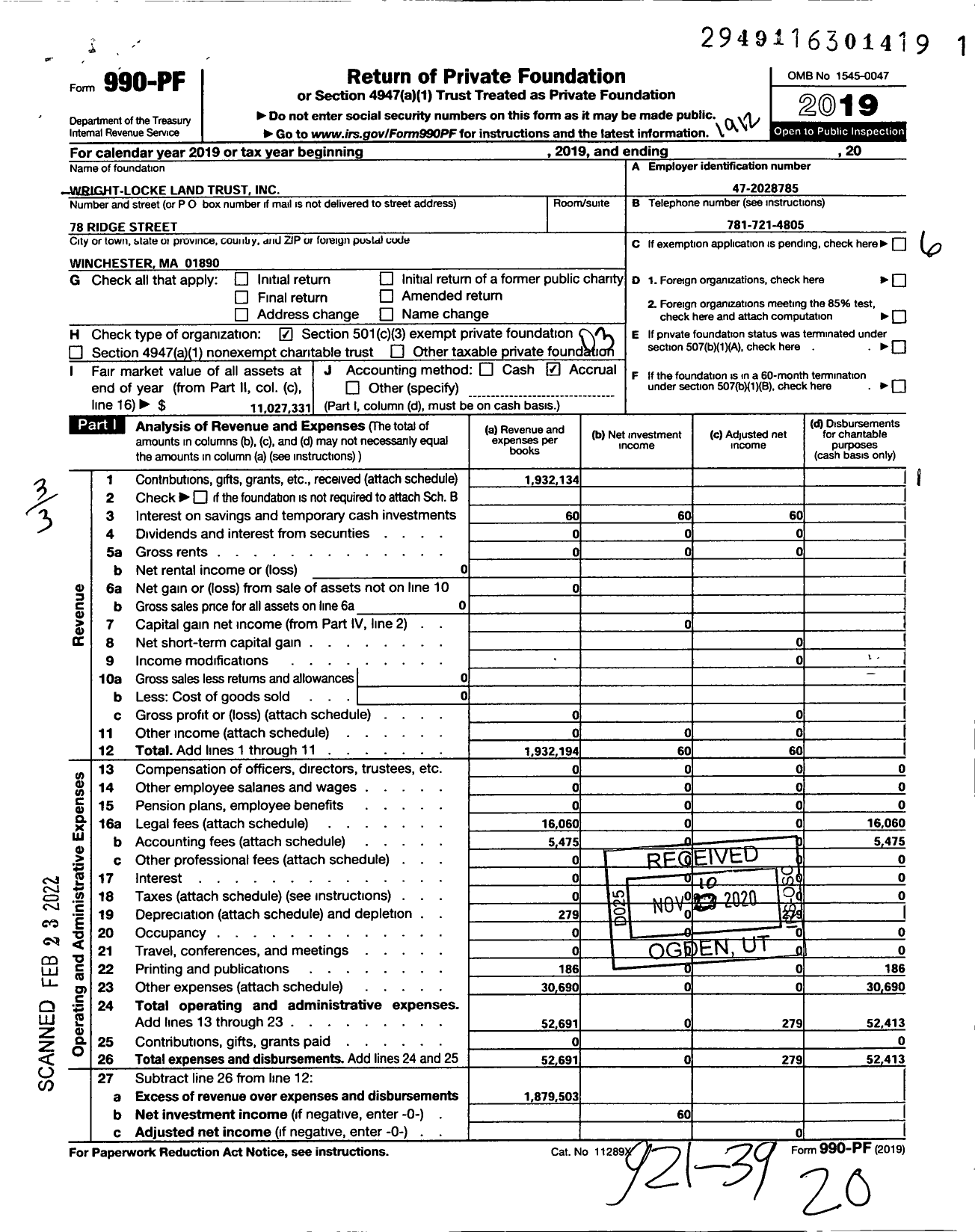 Image of first page of 2019 Form 990PF for Wright-Locke Land Trust