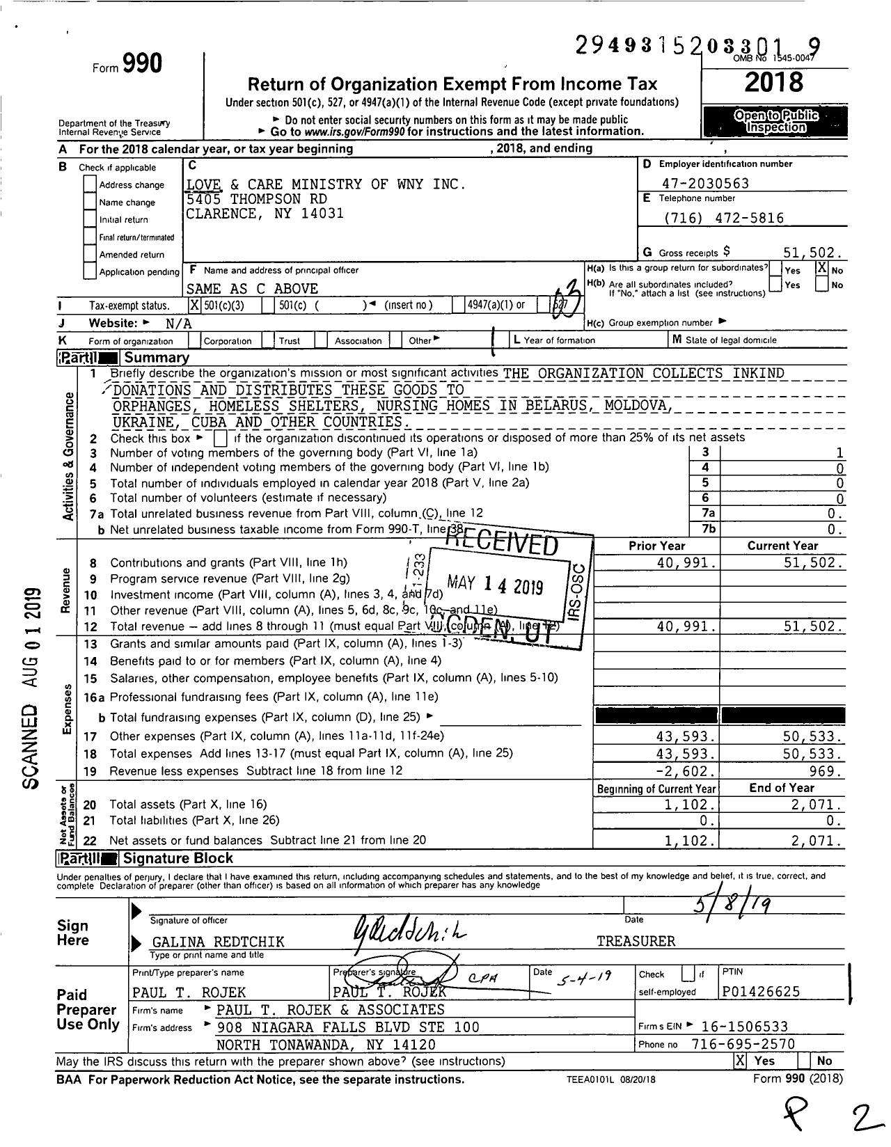 Image of first page of 2018 Form 990 for Love and Care Ministry