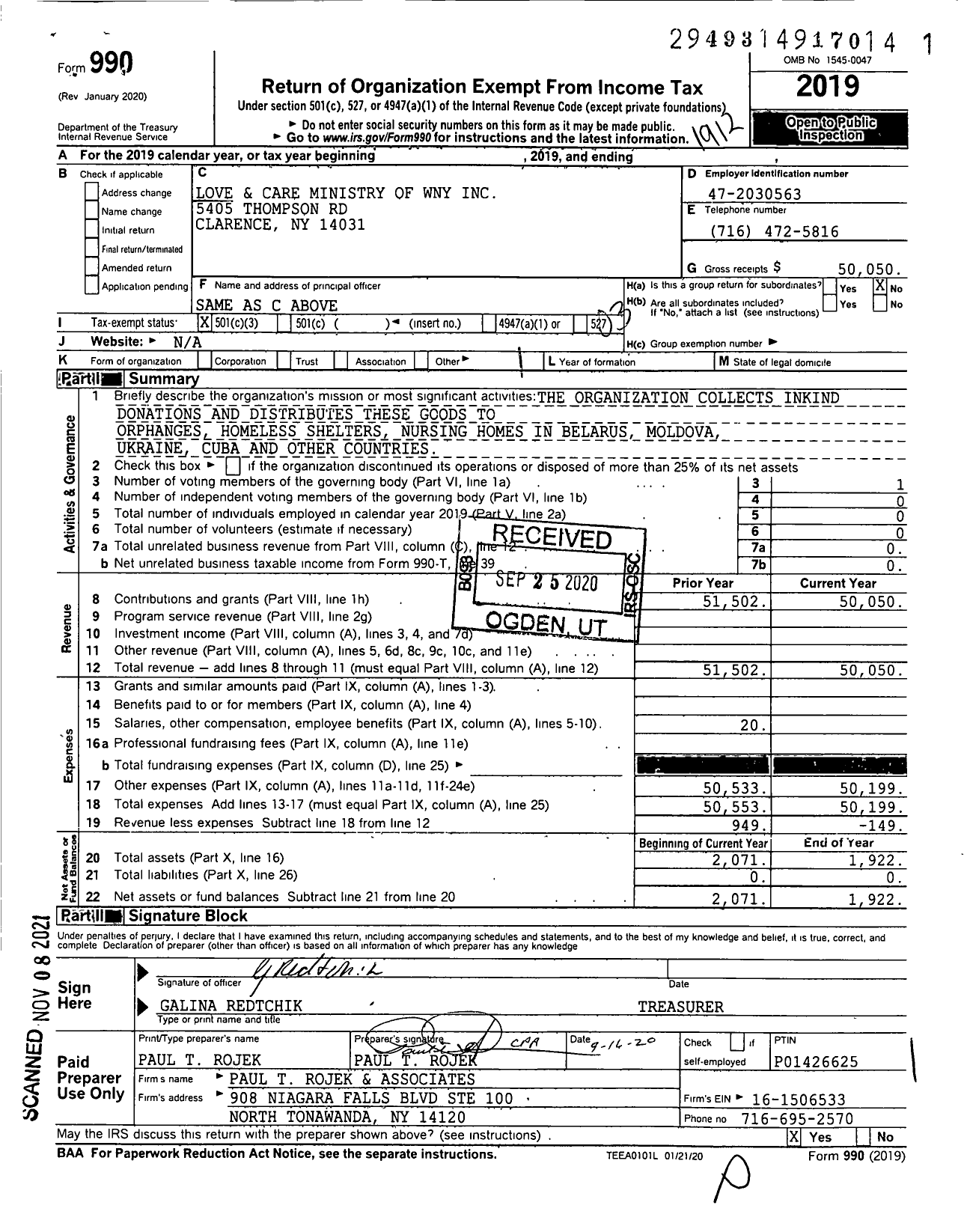 Image of first page of 2019 Form 990 for Love and Care Ministry
