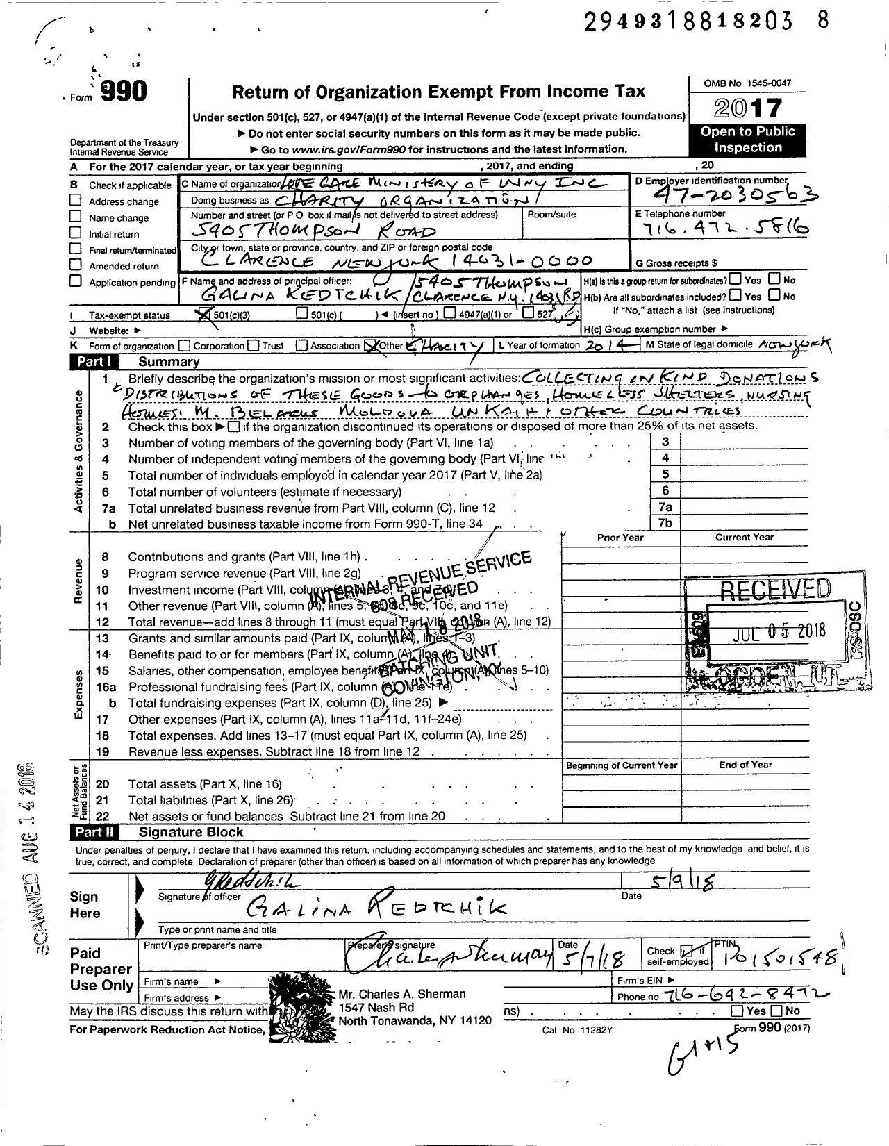 Image of first page of 2017 Form 990 for Love and Care Ministry