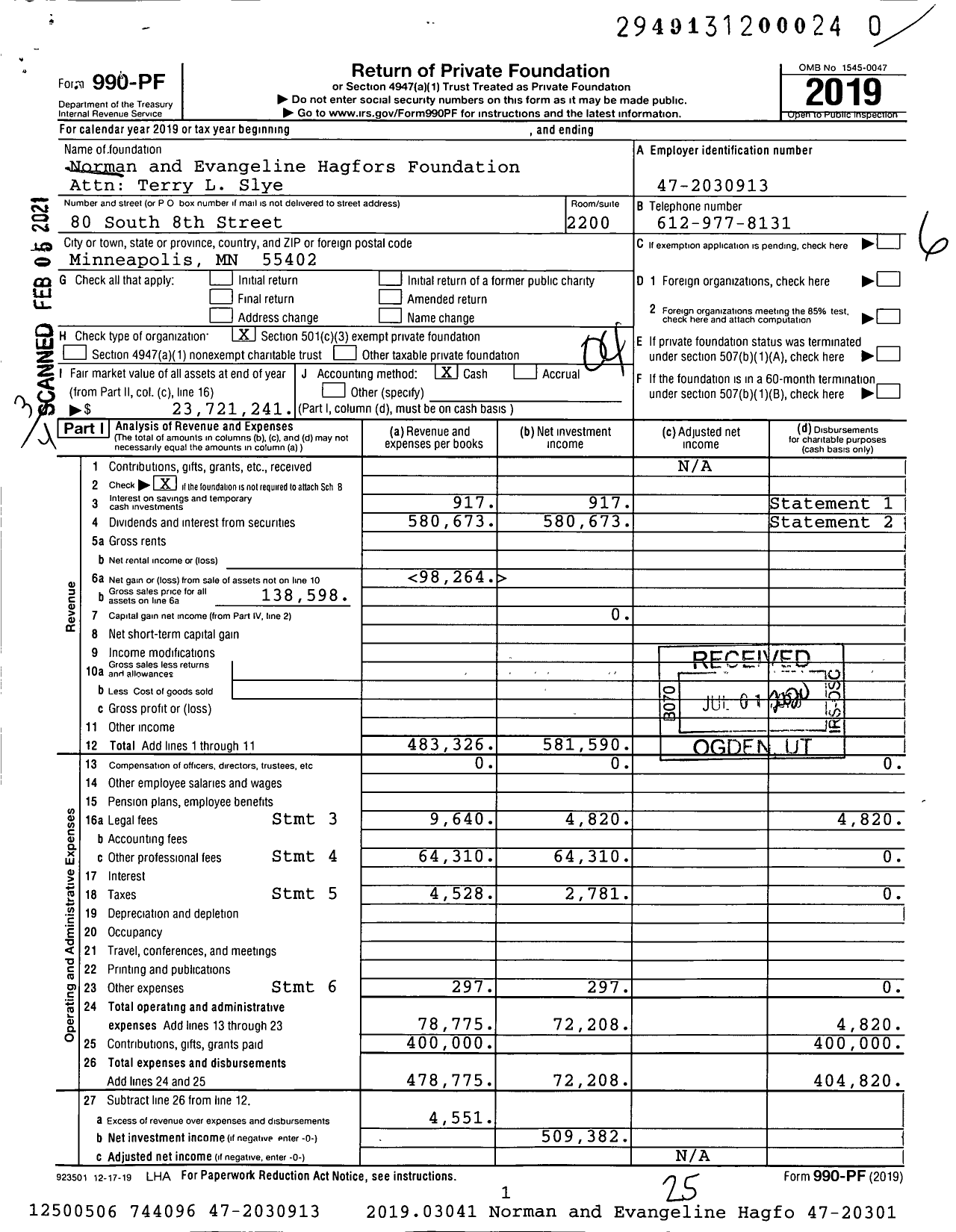 Image of first page of 2019 Form 990PF for Norman and Evangeline Hagfors Foundation Attn Terry L Slye