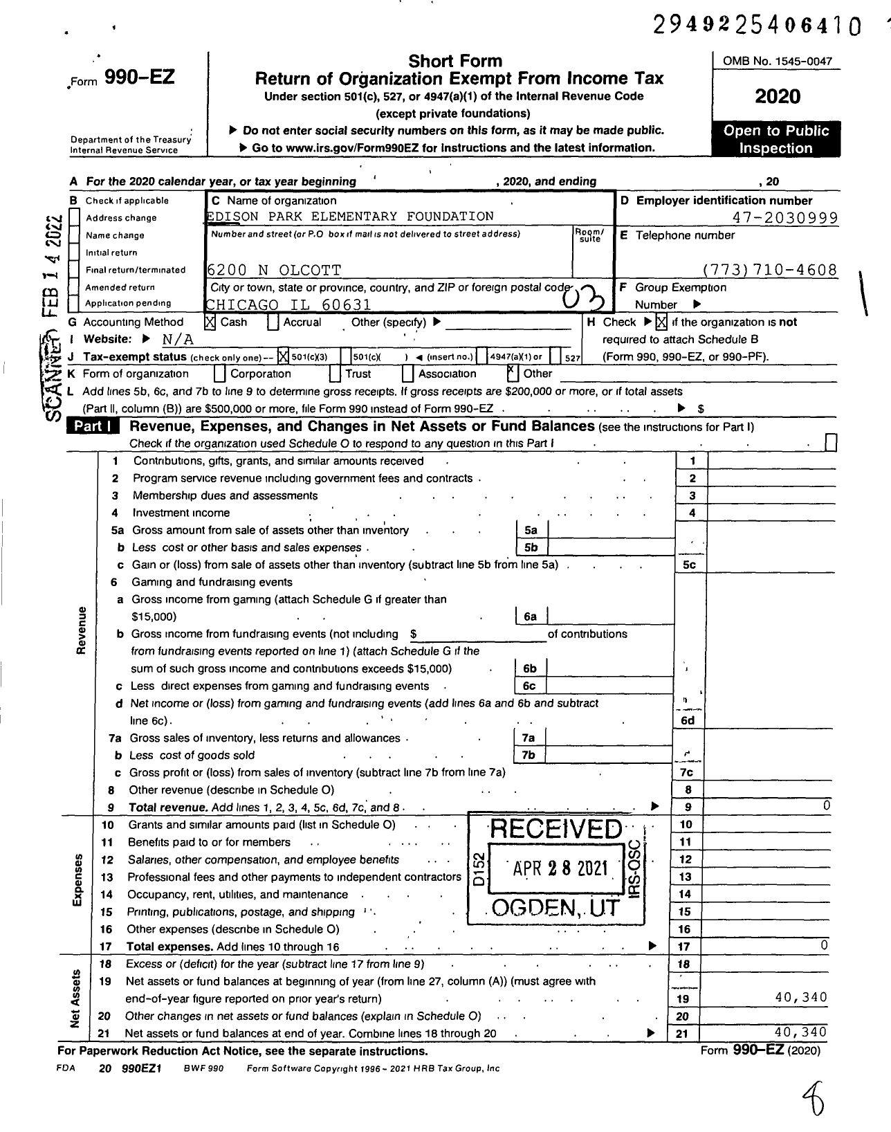 Image of first page of 2020 Form 990EZ for Edison Park Elementary Foundation