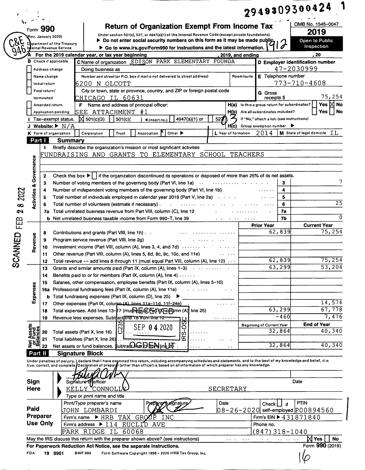 Image of first page of 2019 Form 990 for Edison Park Elementary Foundation