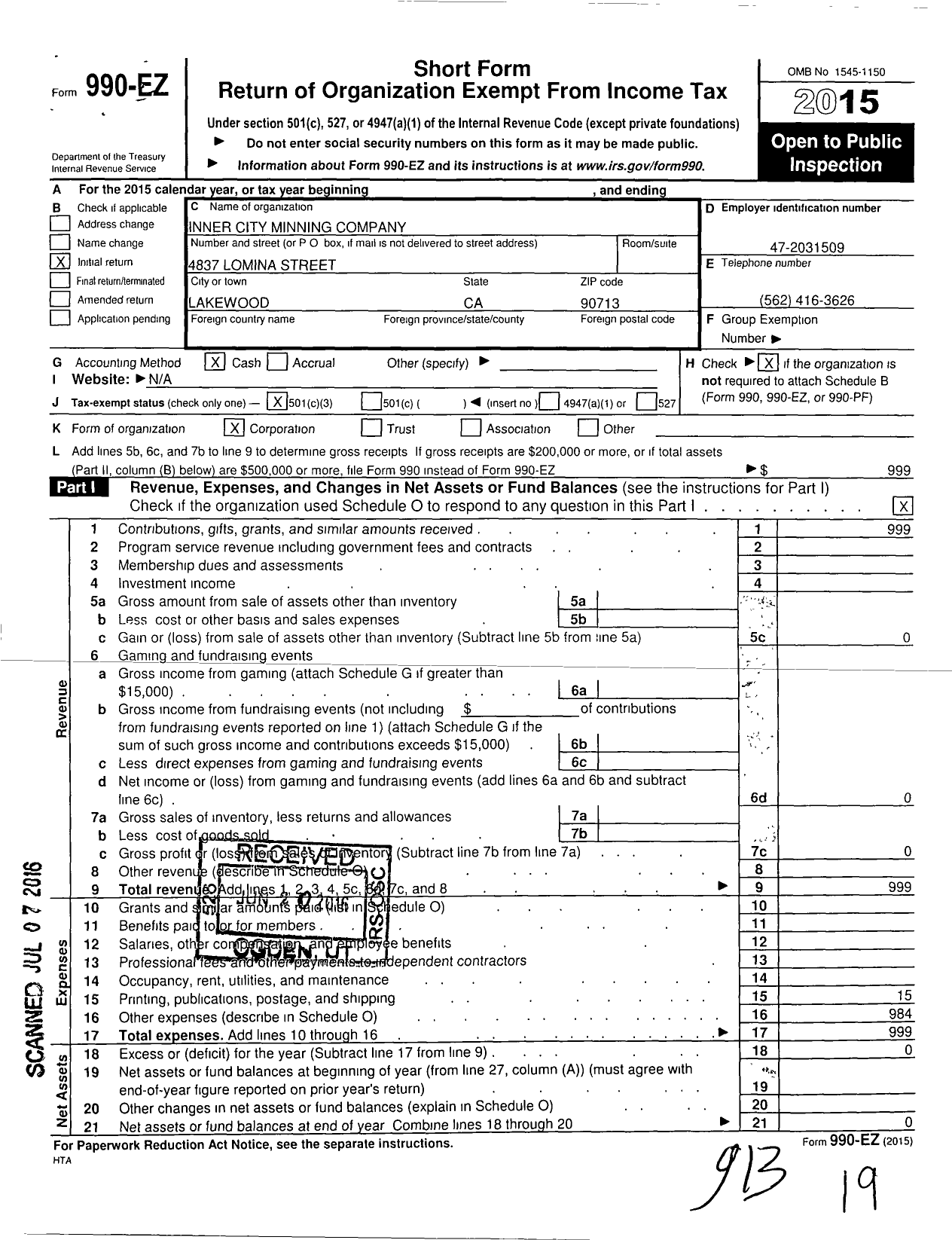 Image of first page of 2015 Form 990EZ for Inner City Mining Company